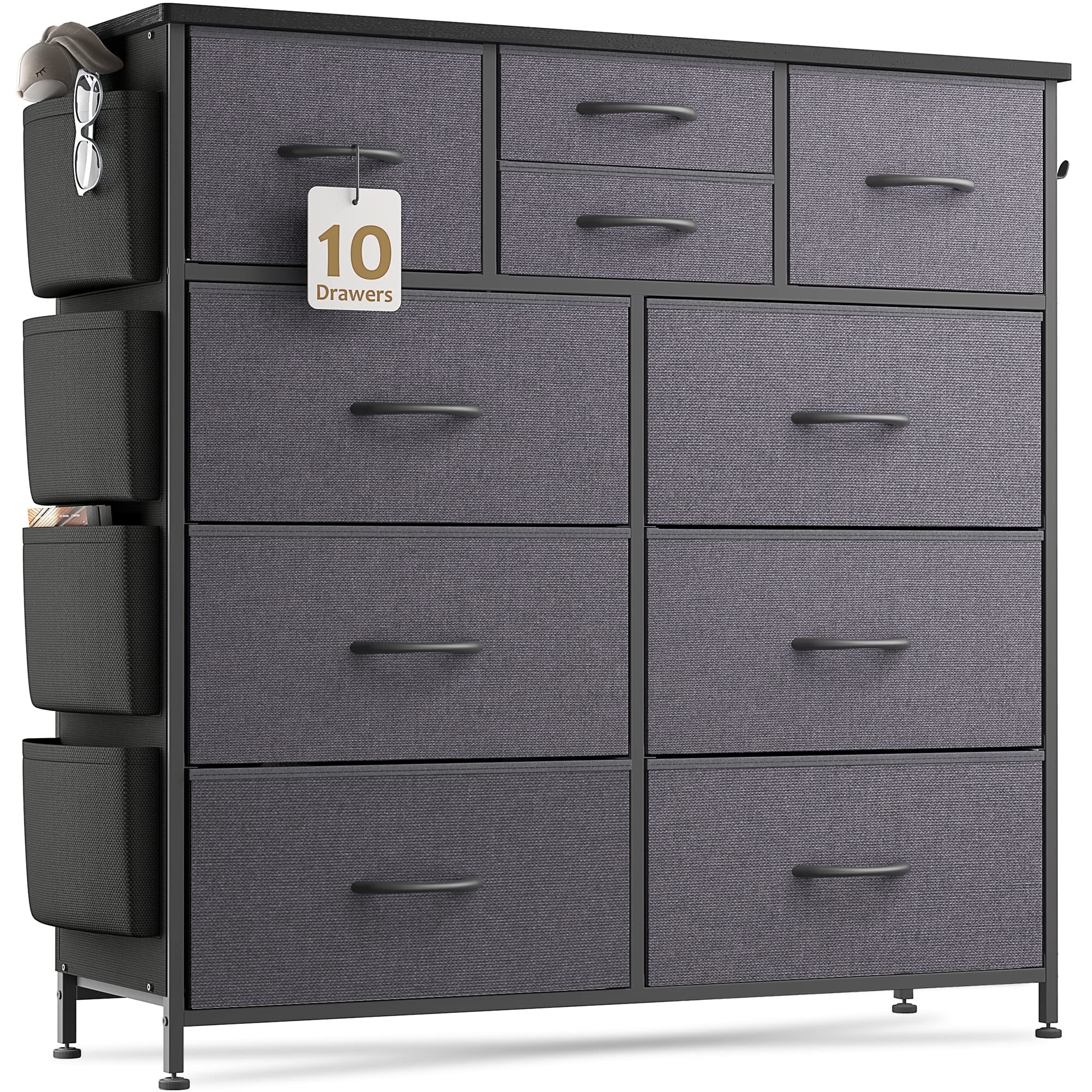 Dresser for Bedroom with 10 Drawers， Chest of Drawers with Side Pockets， Hooks， Wooden Top and Sturdy Metal Frame - as picture - - 37668990 - Mycitystee