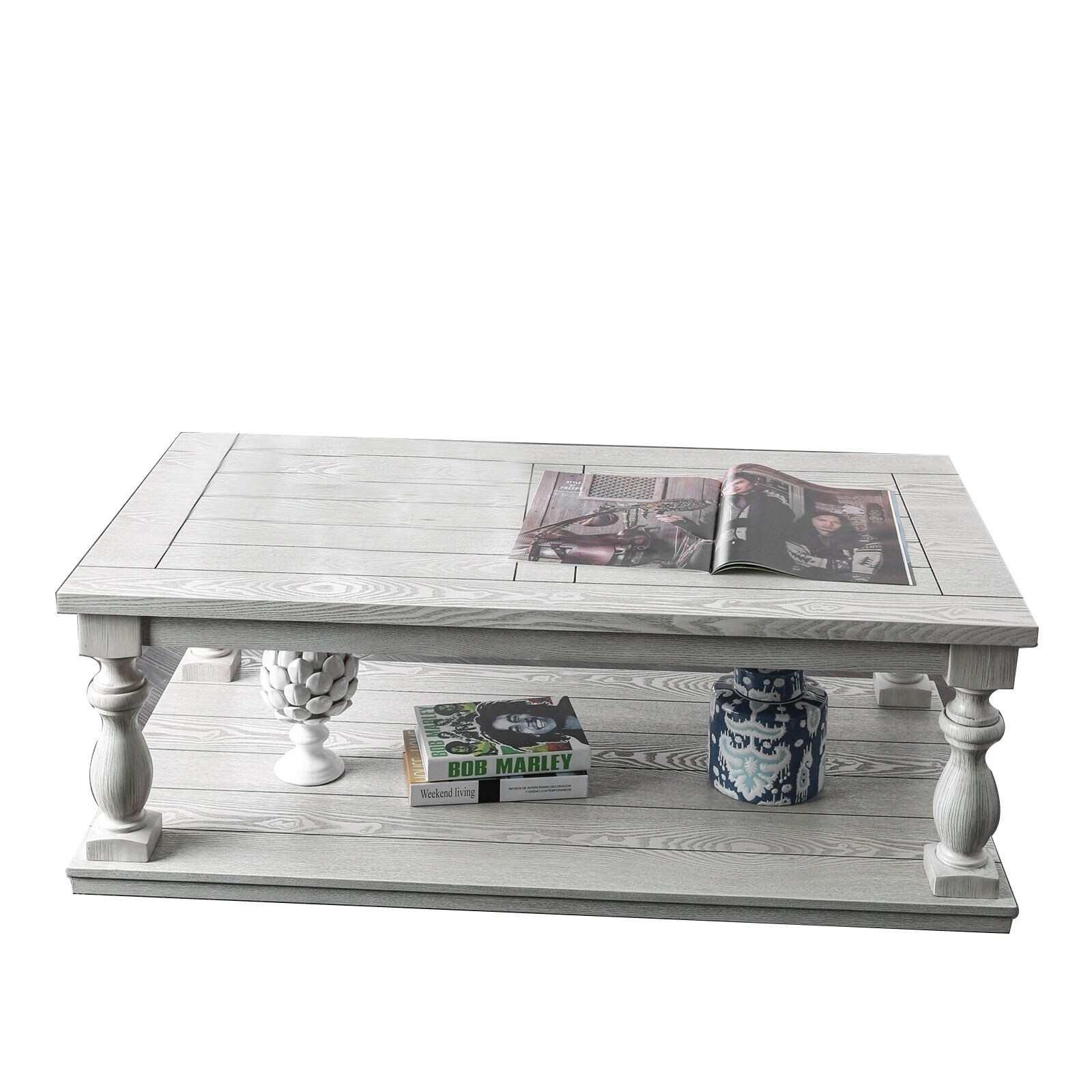 Plank Top Coffee Table with Open Shelf and Turned Legs， Antique White - Mycitystee
