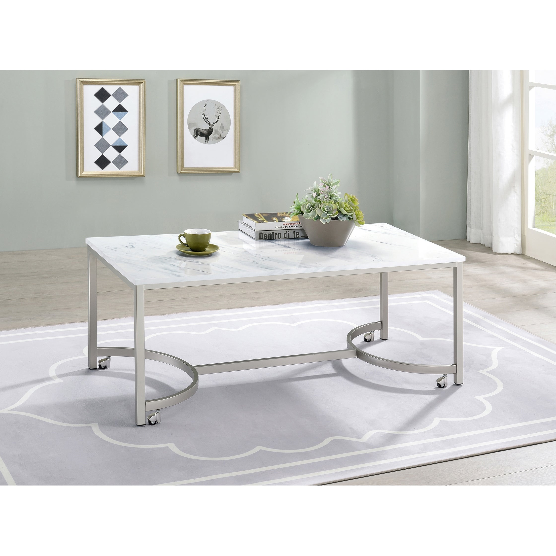 Coaster Furniture Leona White and Satin Nickel Coffee Table with Casters - Mycitystee