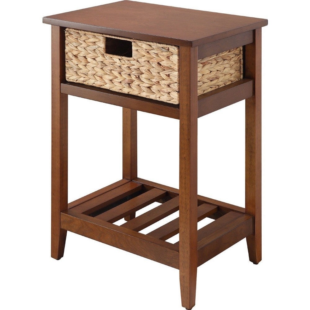 MDF Accent Table with Rattan Storage Basket and Slatted Shelf - Mycitystee