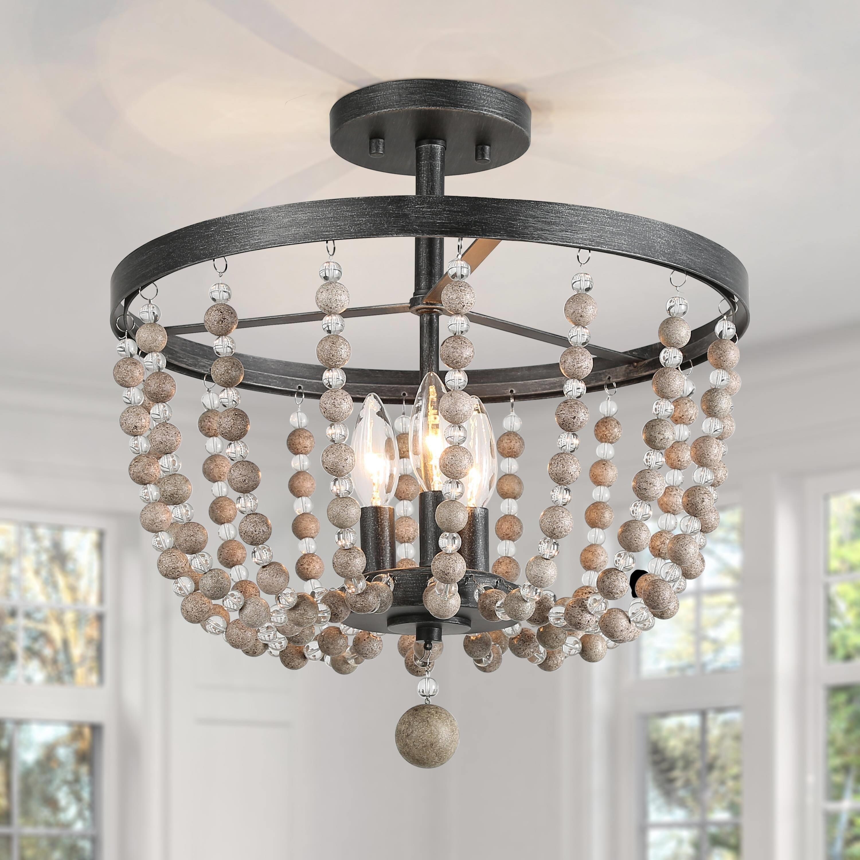Modern Farmhouse 3-Light Flush Mount Bohemian Distressed Wood Beads Ceiling Lights - Mycitystee