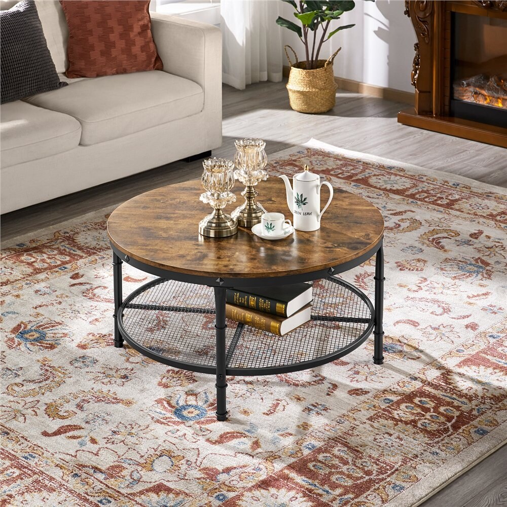 Round Metal Coffee Table with Storage Shelf， Rustic Brown - Mycitystee