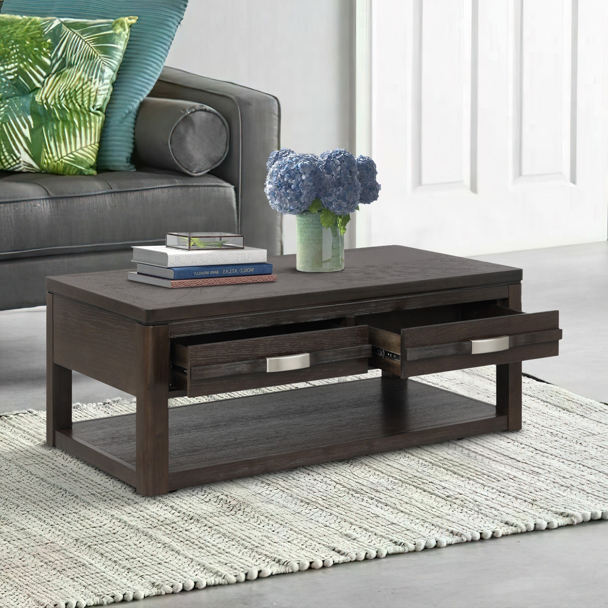 Joni 48 Inch Modern Cocktail Coffee Table， 2 Drawers， Curved Handles， Brown - Mycitystee
