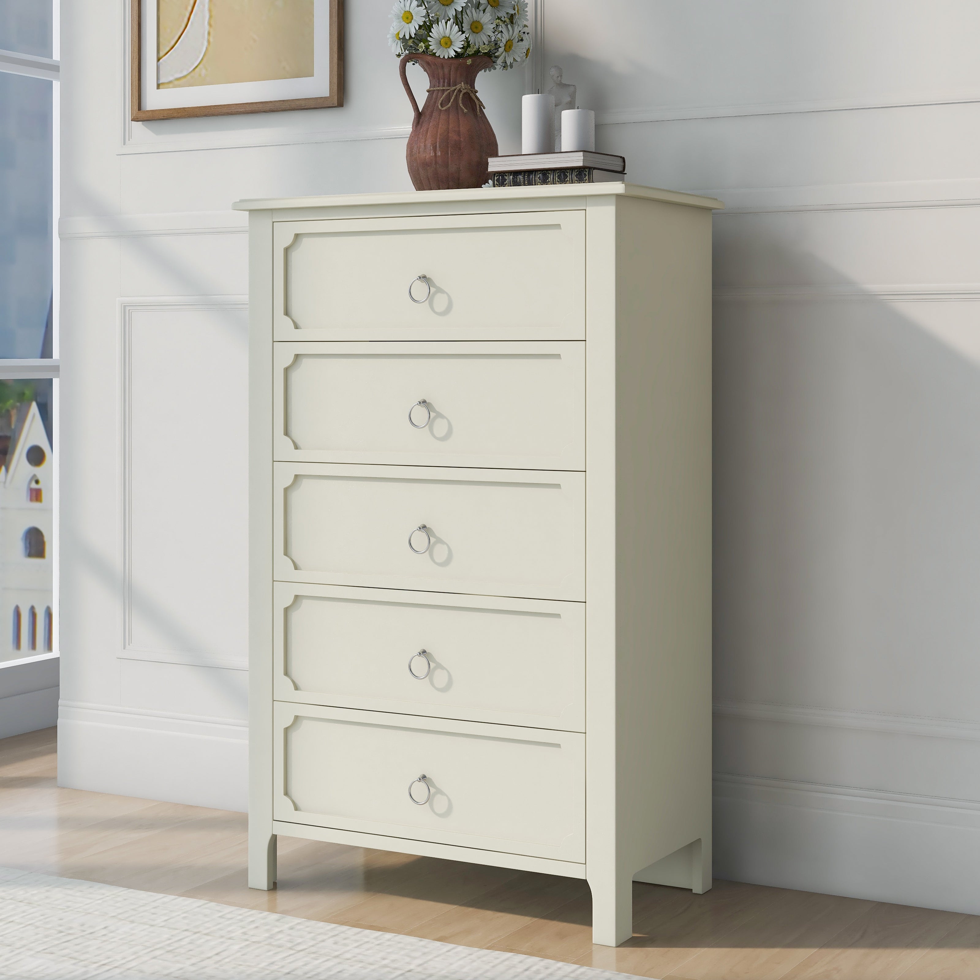 5 Drawers Wooden Chest with Silver Metal Handles - - 37268670 - Mycitystee