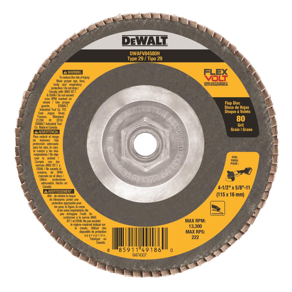 DEWALT FLEXVOLT 4-1/2 In. x 5/8 In. to 11 80 g T29 Flap Disc DWAFV84580H from DEWALT - Mycitystee