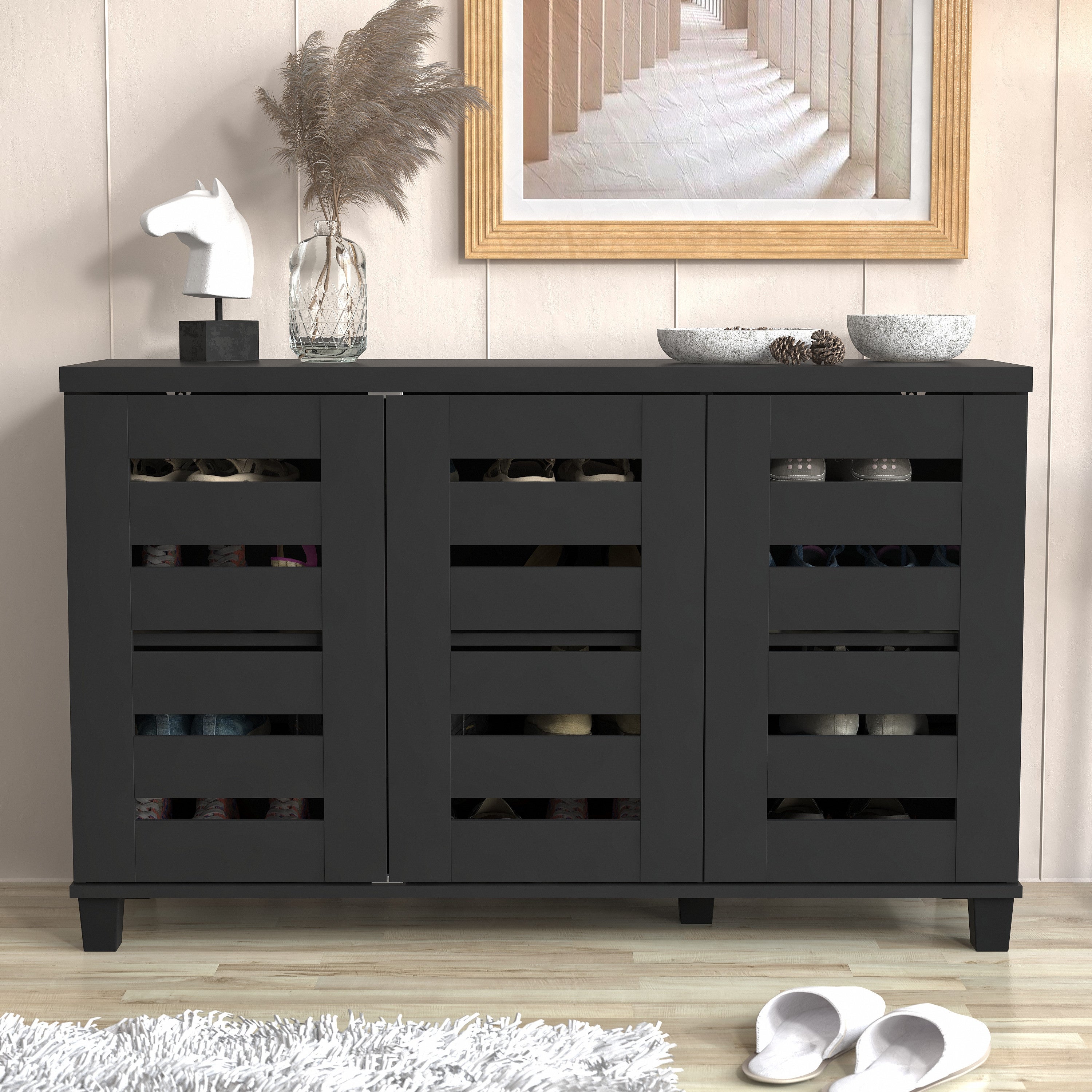 28 in. H x 45.3 in. W Black Wood Shoe Cabinet - - 37316171 - Mycitystee