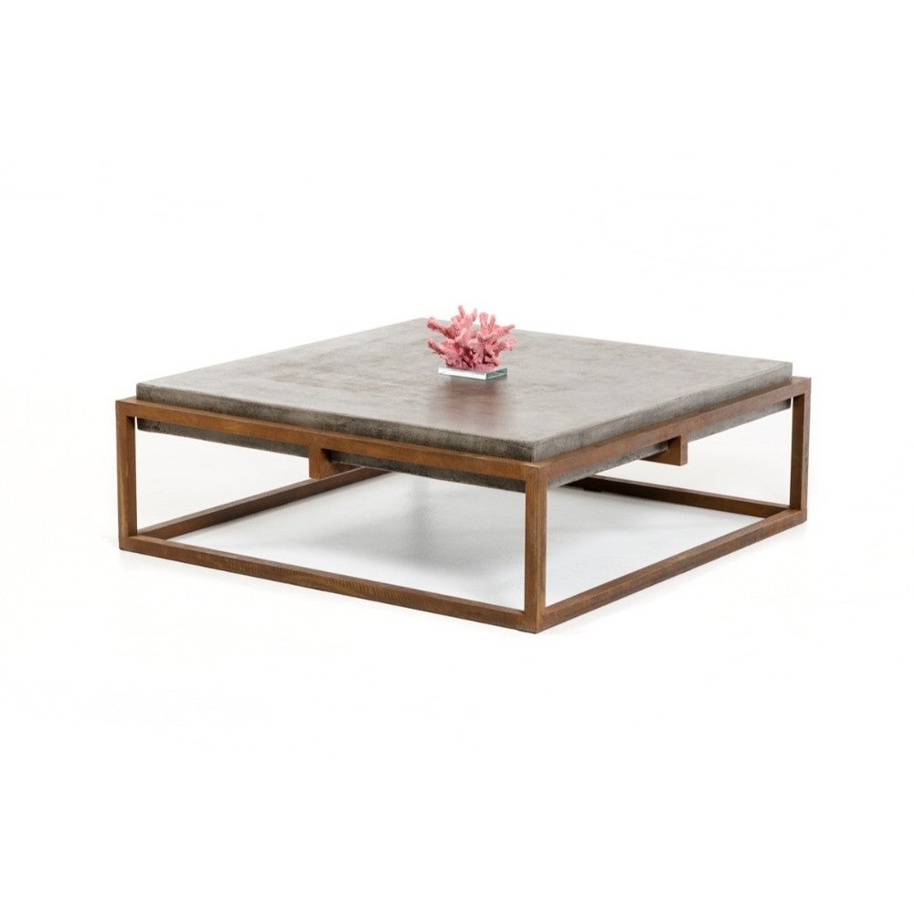 Square Shape Rustic Steel Framed Coffee Table with Concrete TopBrown and Gray - Mycitystee