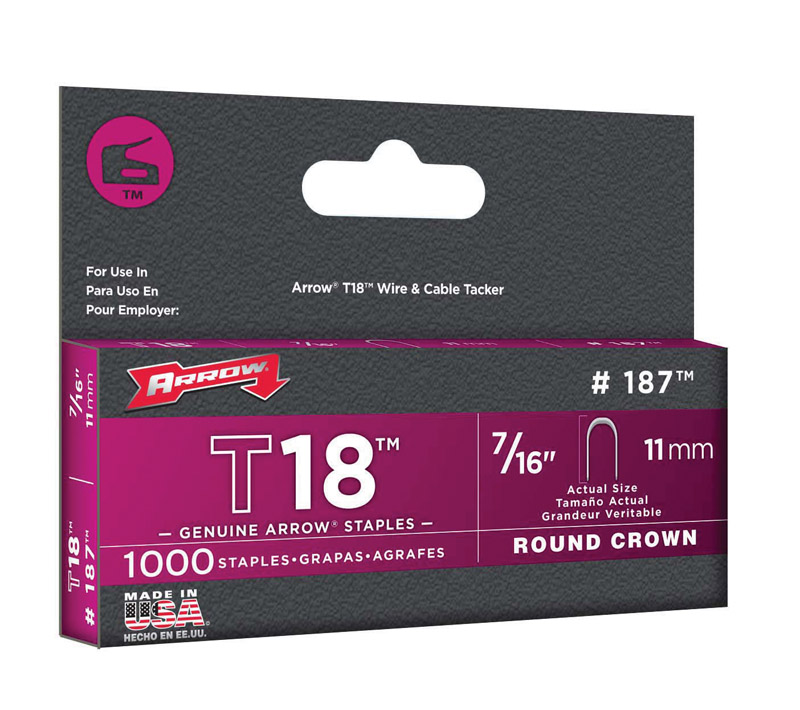 Arrow T18 3/16 in. W X 7/16 in. L 18 Ga. Round Crown Wire Staples 1000 pk - Mycitystee