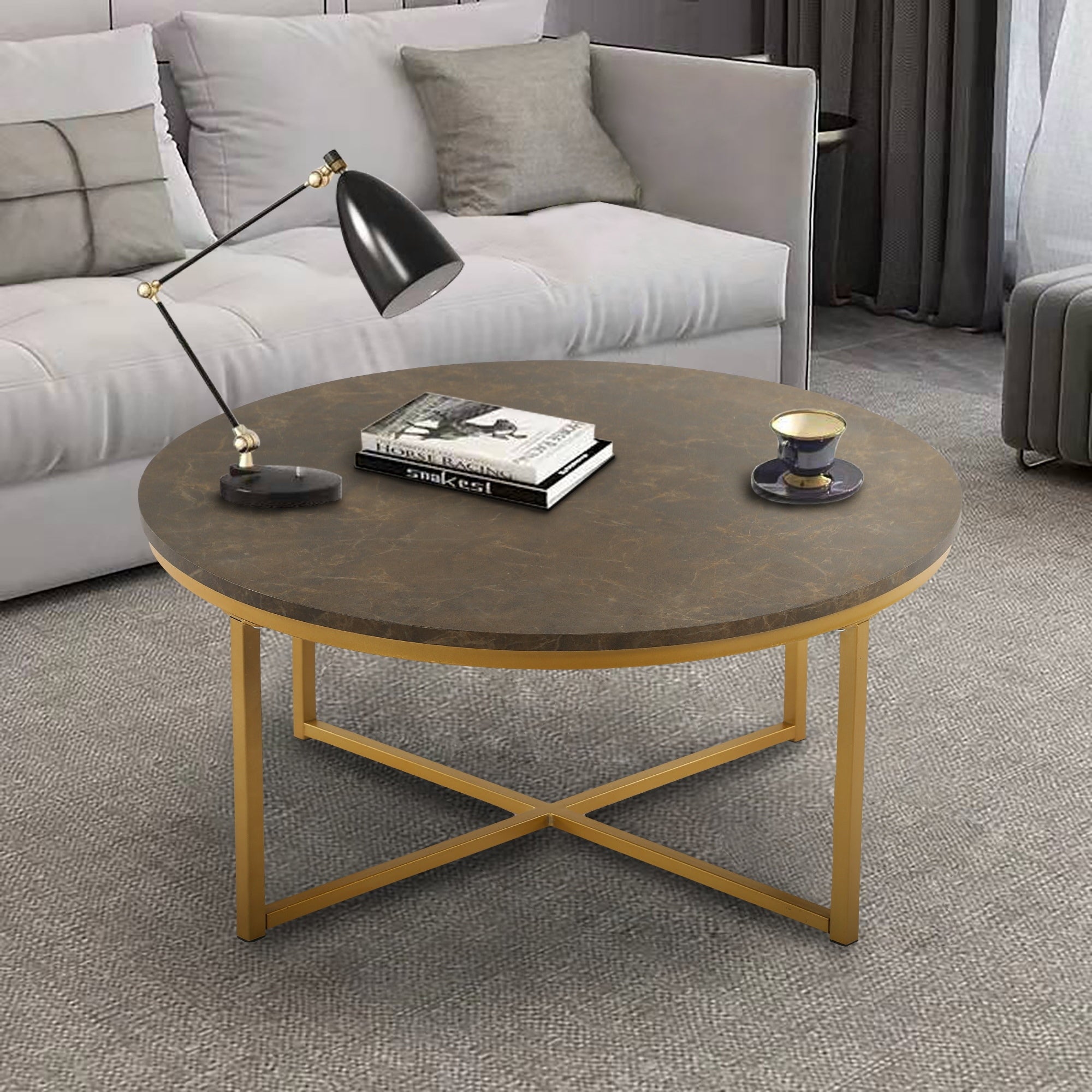 EPOWP Cross Legs MDF Coffee Table with Metal Base， Brown and Golden - Mycitystee