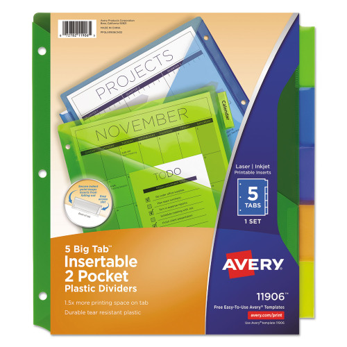 Avery Insertable Big Tab Plastic 2-Pocket Dividers， 5-Tab， 11.13 x 9.25， Assorted， 1 Set (11906) - Mycitystee