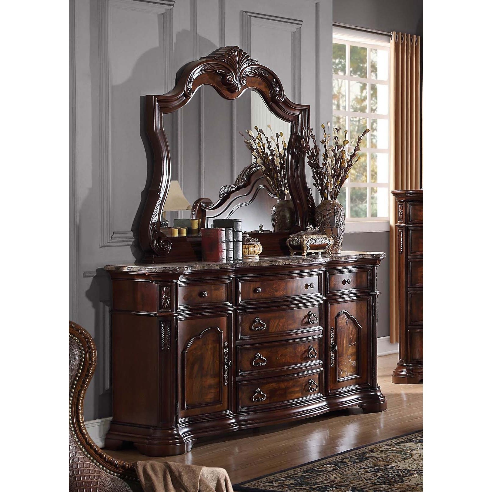 Best Master Furniture Traditional Walnut 6-Drawer Dresser and Mirror - - 12376542 - Mycitystee