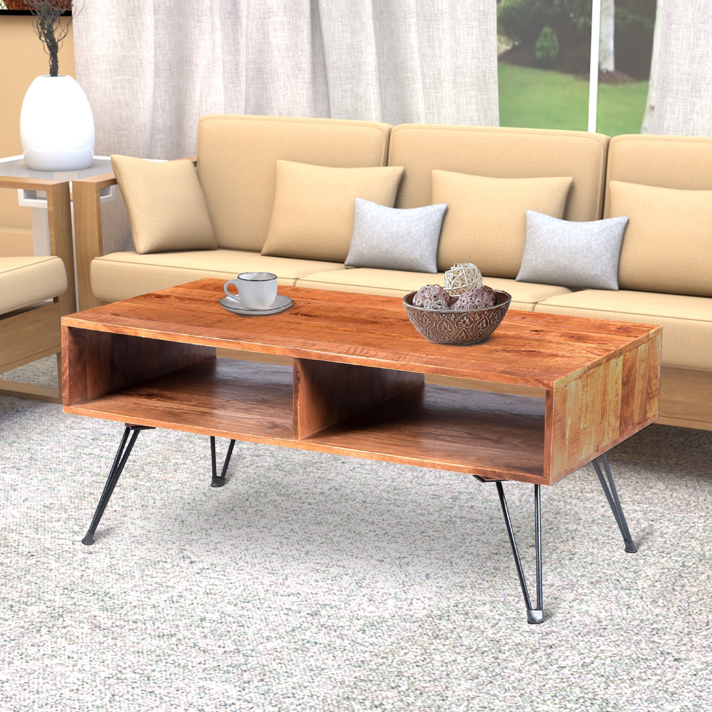 42 Inch Handcrafted Mango Wood Coffee Table with Metal Legs， Brown - Mycitystee