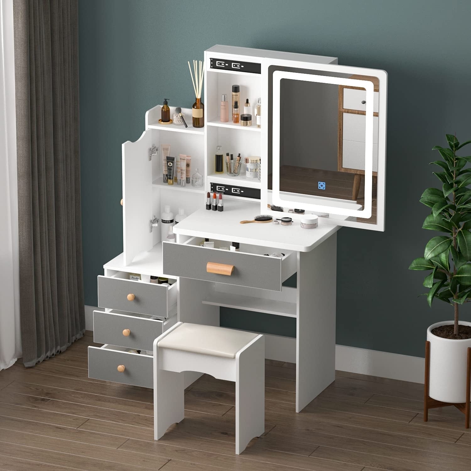 FAMAPY Vanity Desk with Mirror and Lights and Drawers (White and Grey) - - 37217358 - Mycitystee