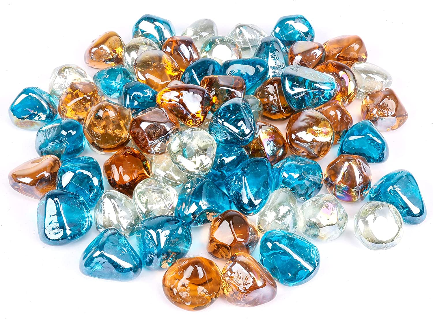 1'' High Luster Reflective Tempered White Blue Amber Fire Glass Diamonds Rock for Fire Pit, Fireplace, 10 LBS Kit - Mycitystee