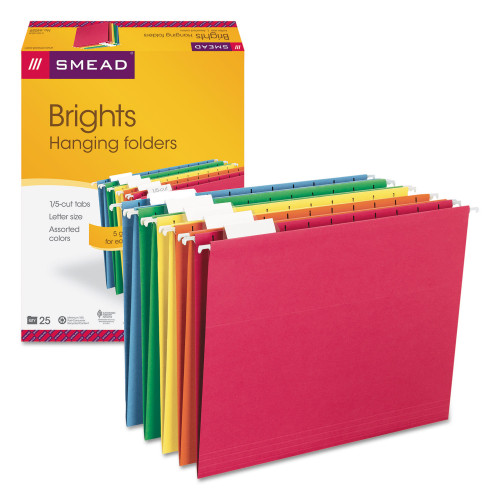 Smead Colored Hanging File Folders， Letter Size， 1/5-Cut Tab， Assorted， 25/Box (64059) - Mycitystee