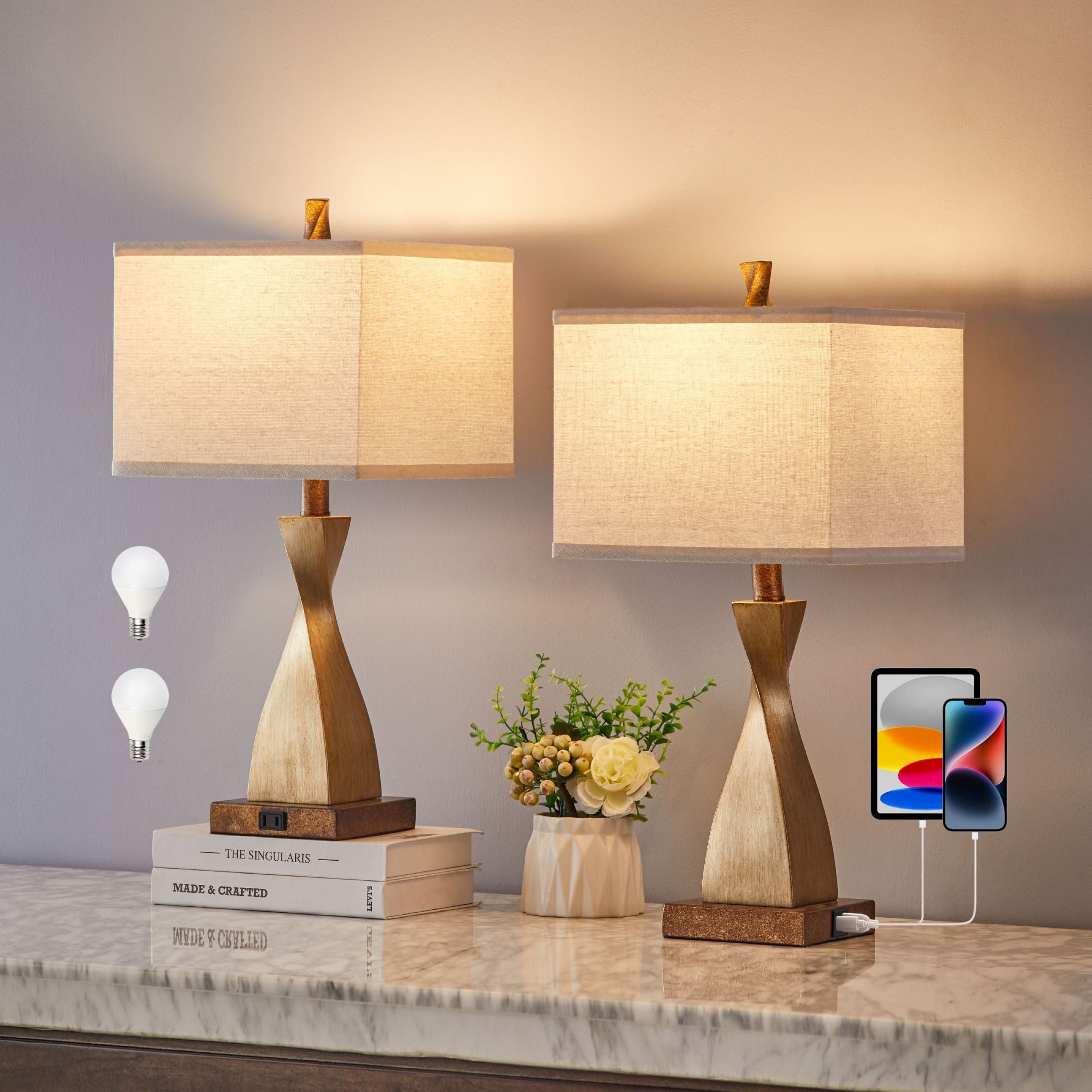 KAWOTI 22'' Table Lamp Set Touch Control with AC Outlet Bulbs Included - W10