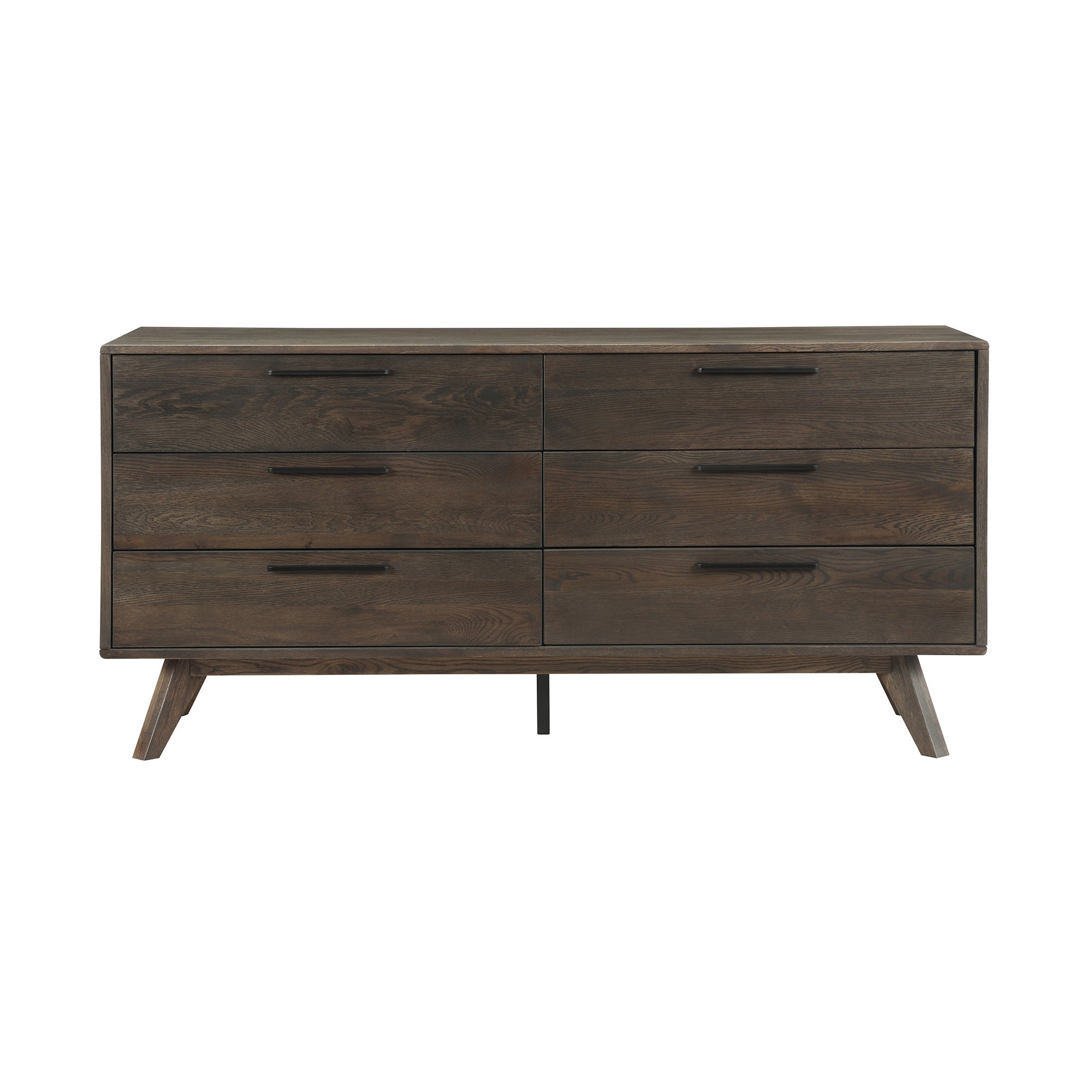 Maria 63 Inch Modern 6 Drawer Dresser， Oak Wood， Angled Legs， Dark Brown - - 36907727 - Mycitystee