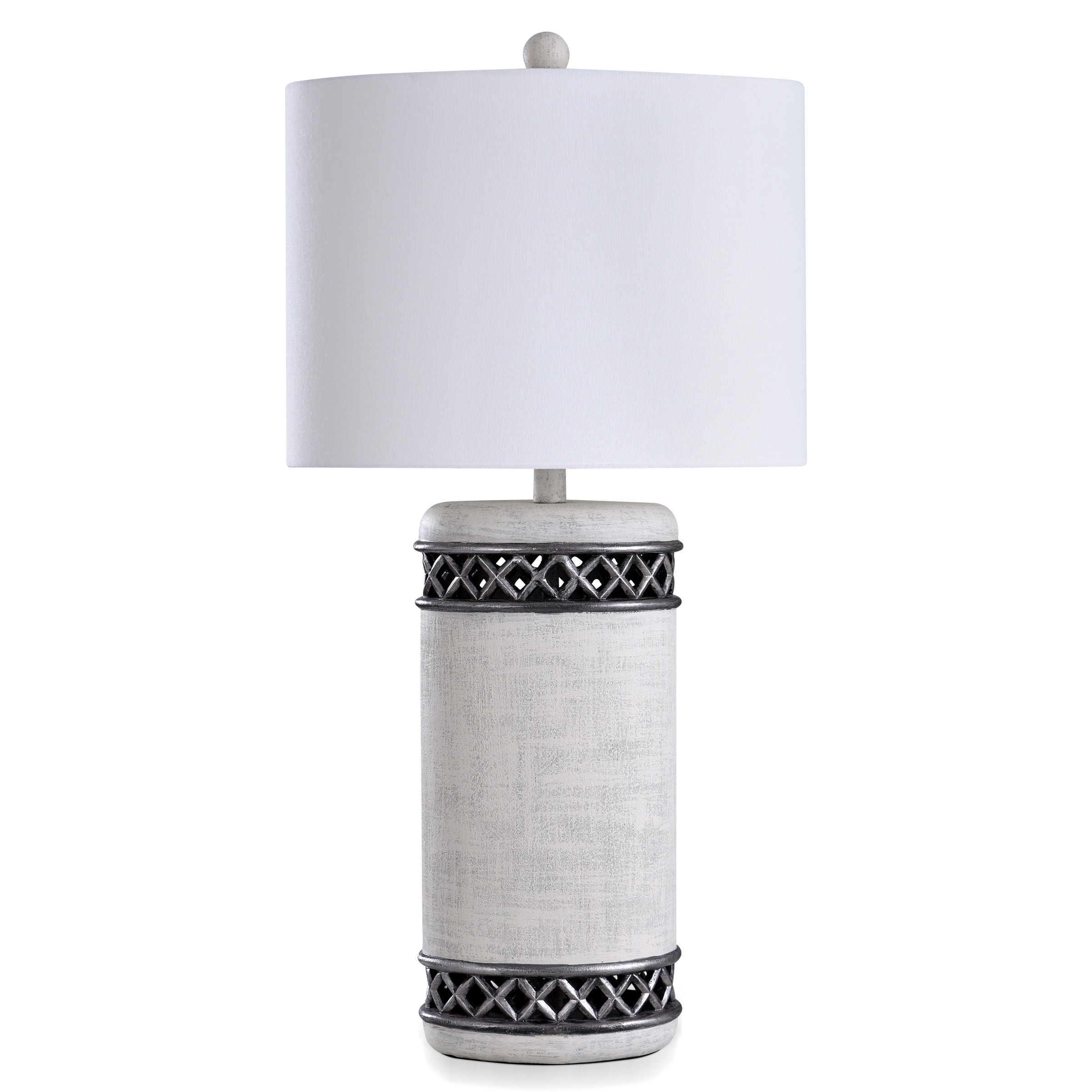 Asher - Painted Finish Lattice Banded Open Work Table Lamp - White Distressing， Metallic Silver - White Linen Shade - Mycitystee