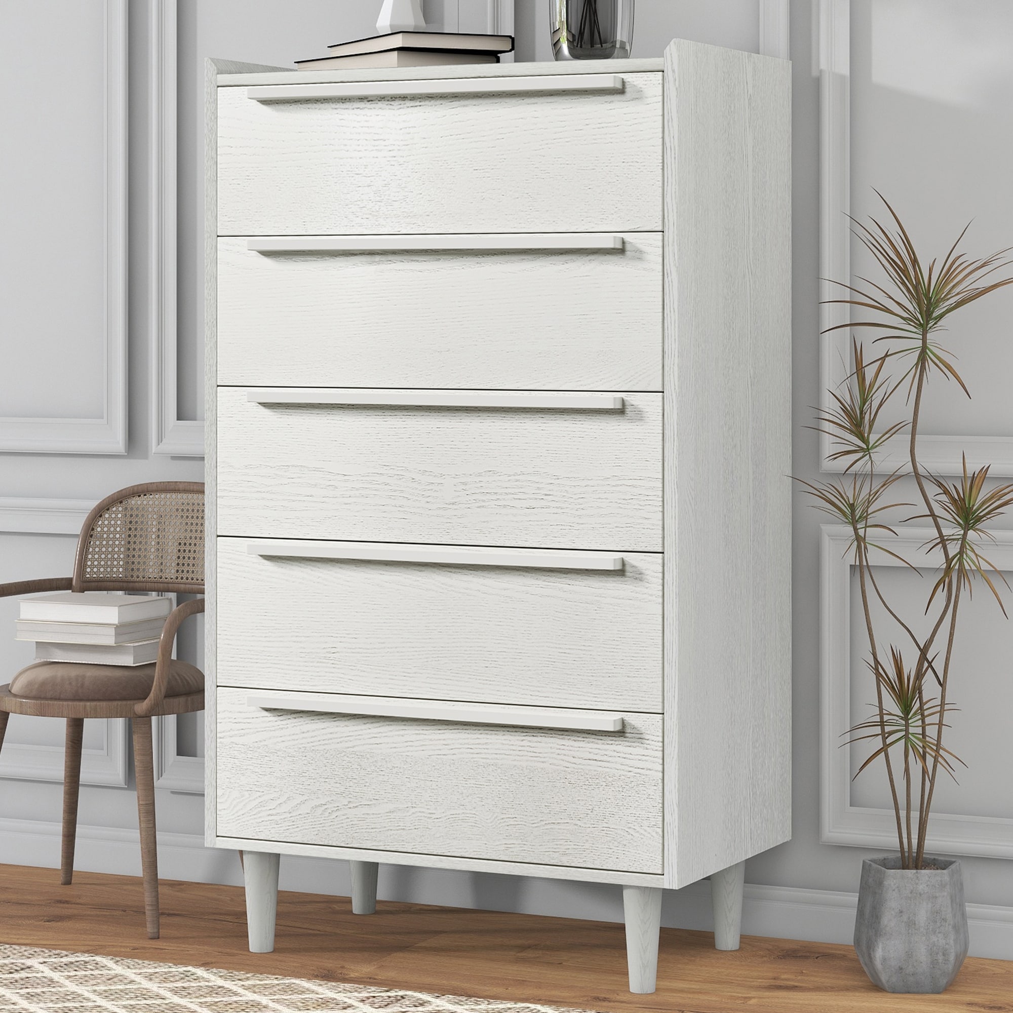 Wooden 5-Drawer Chest with White Finish and Solid Wood Legs - - 37455778 - Mycitystee