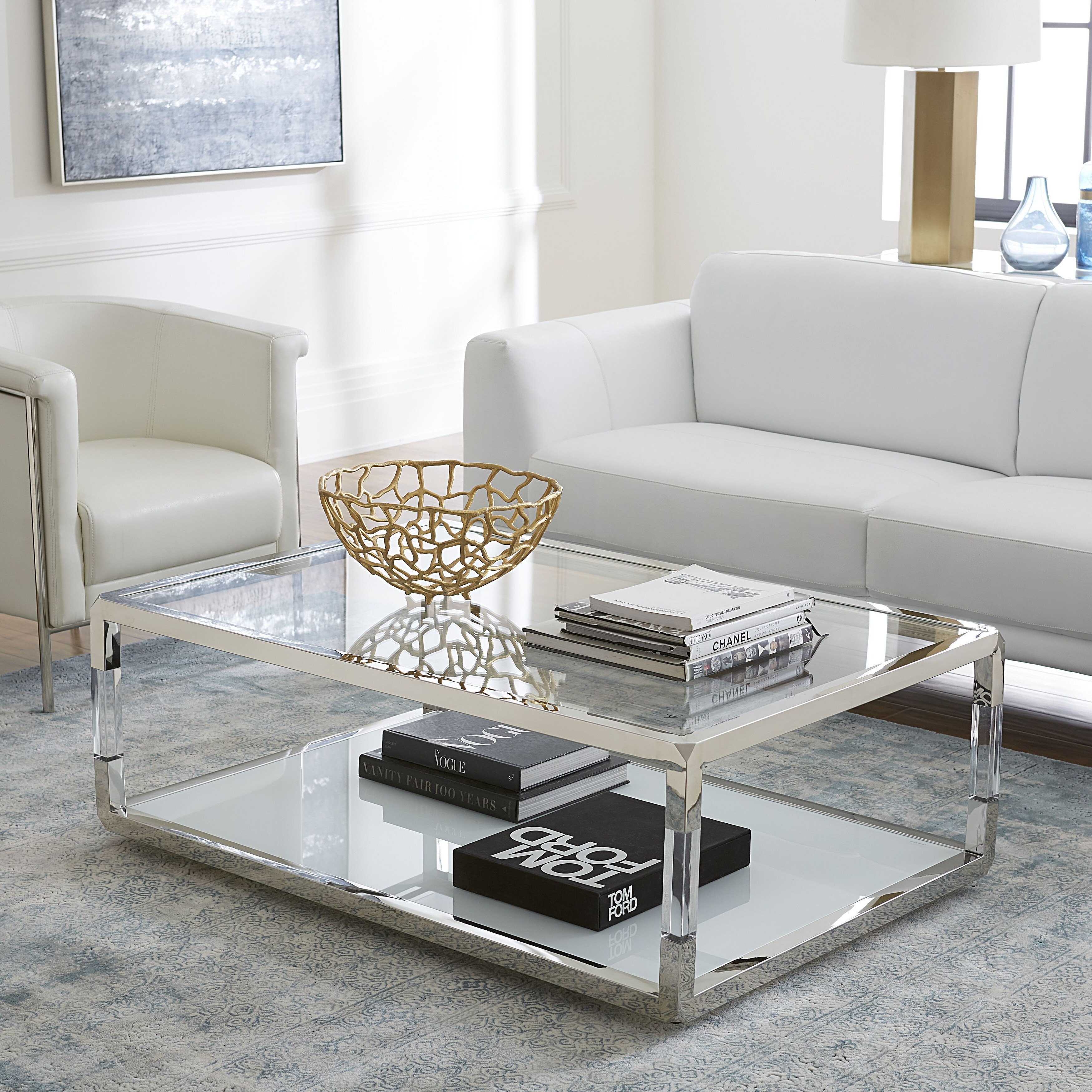 Jasper Coffee Table in Acrylic， White Glass and Polished Stainless Steel - Mycitystee