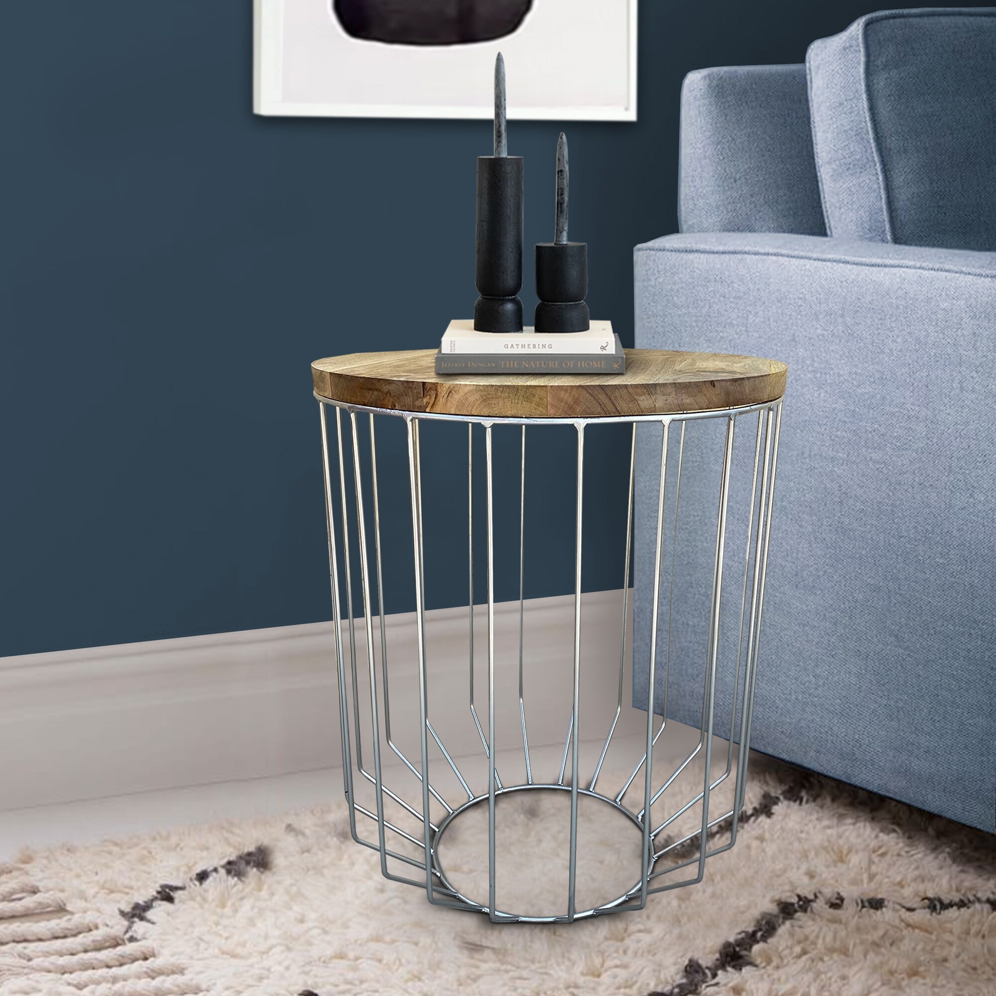25 Inch Mango Wood Round Side End Accent Table， Tapered Slatted Cage Design - Mycitystee