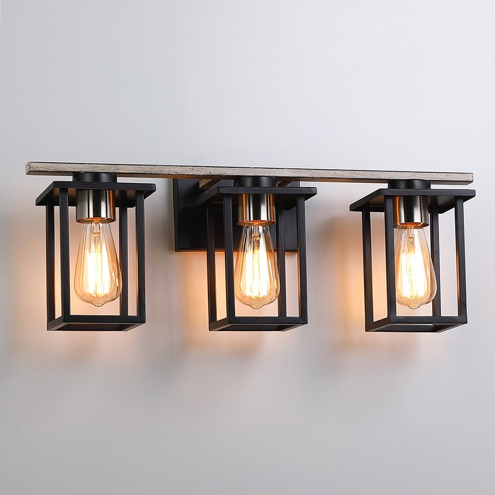 24.4 in. 3-Light Matt Black/Wood Tone Rustic Farmhouse Bathroom Vanity Light with Open Cage Shades - Mycitystee