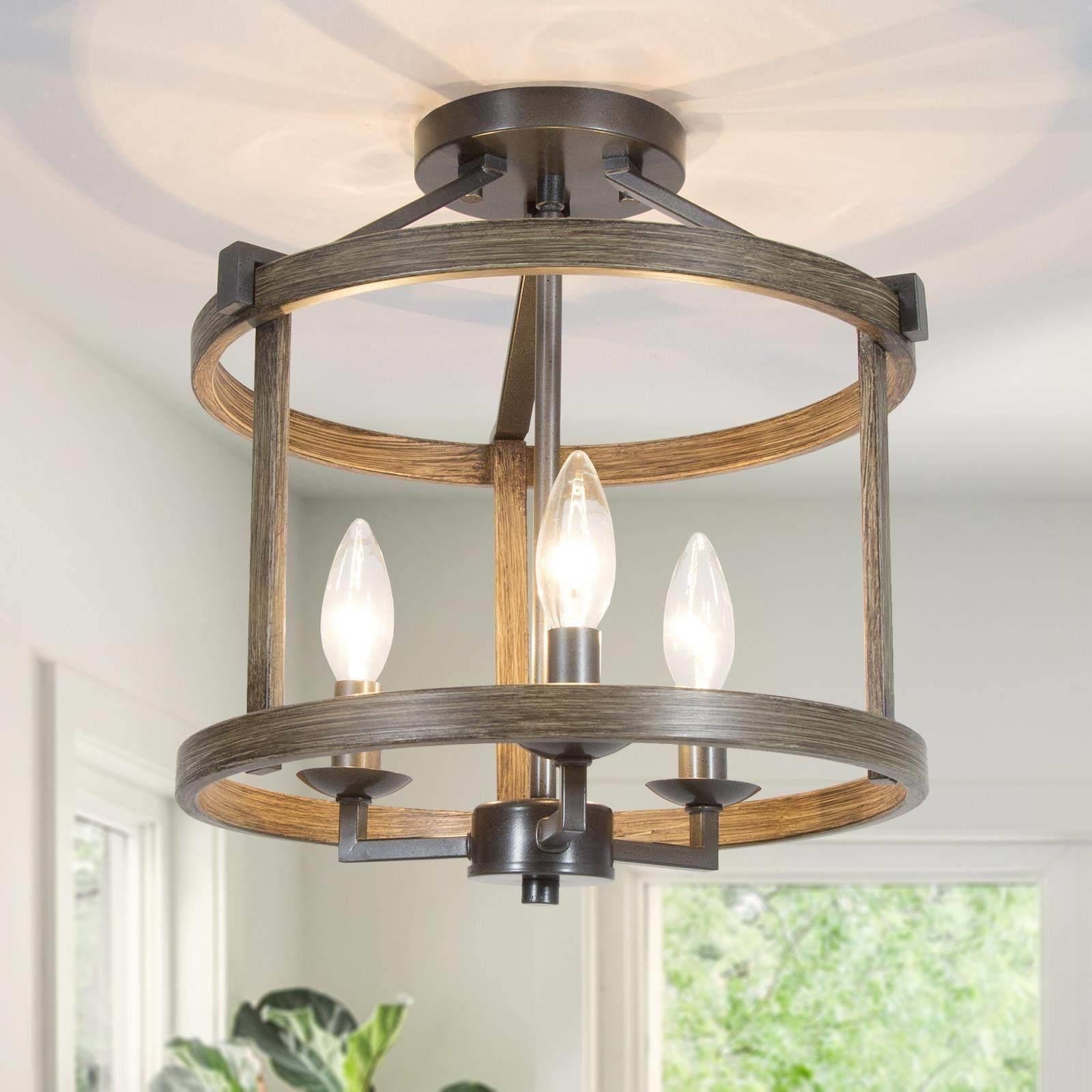 3-Light 12-in Distressed Wood Brown and Brushed Silver Black LED Semi-flush Mount Light， Cage Modern Farmhouse Ceiling Light - Mycitystee