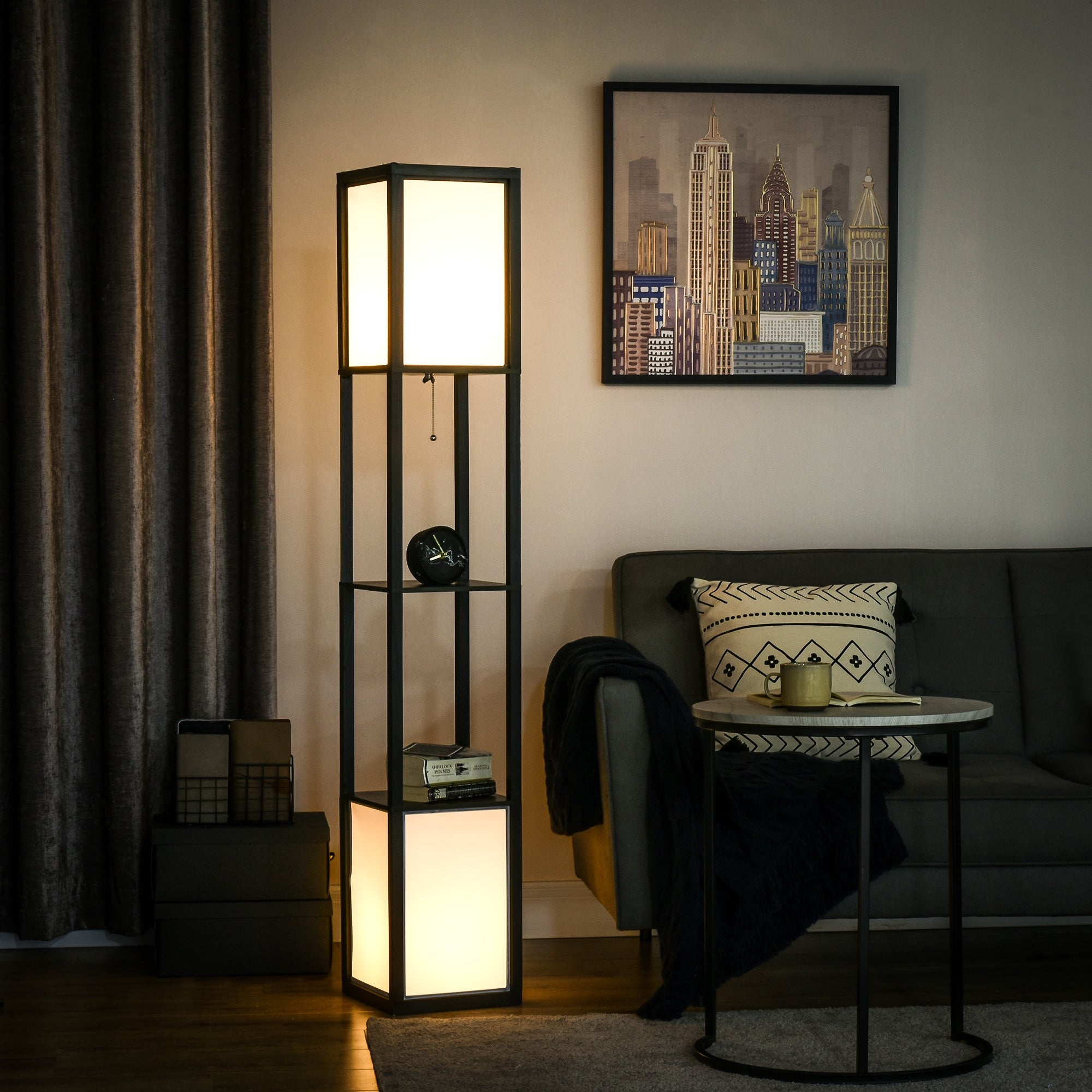 HOMCOM Floor Lamp with Shelves， Dual Light， Modern Tall Standing Lamps， with Fabric Lampshade (Bulb not Included) - Mycitystee