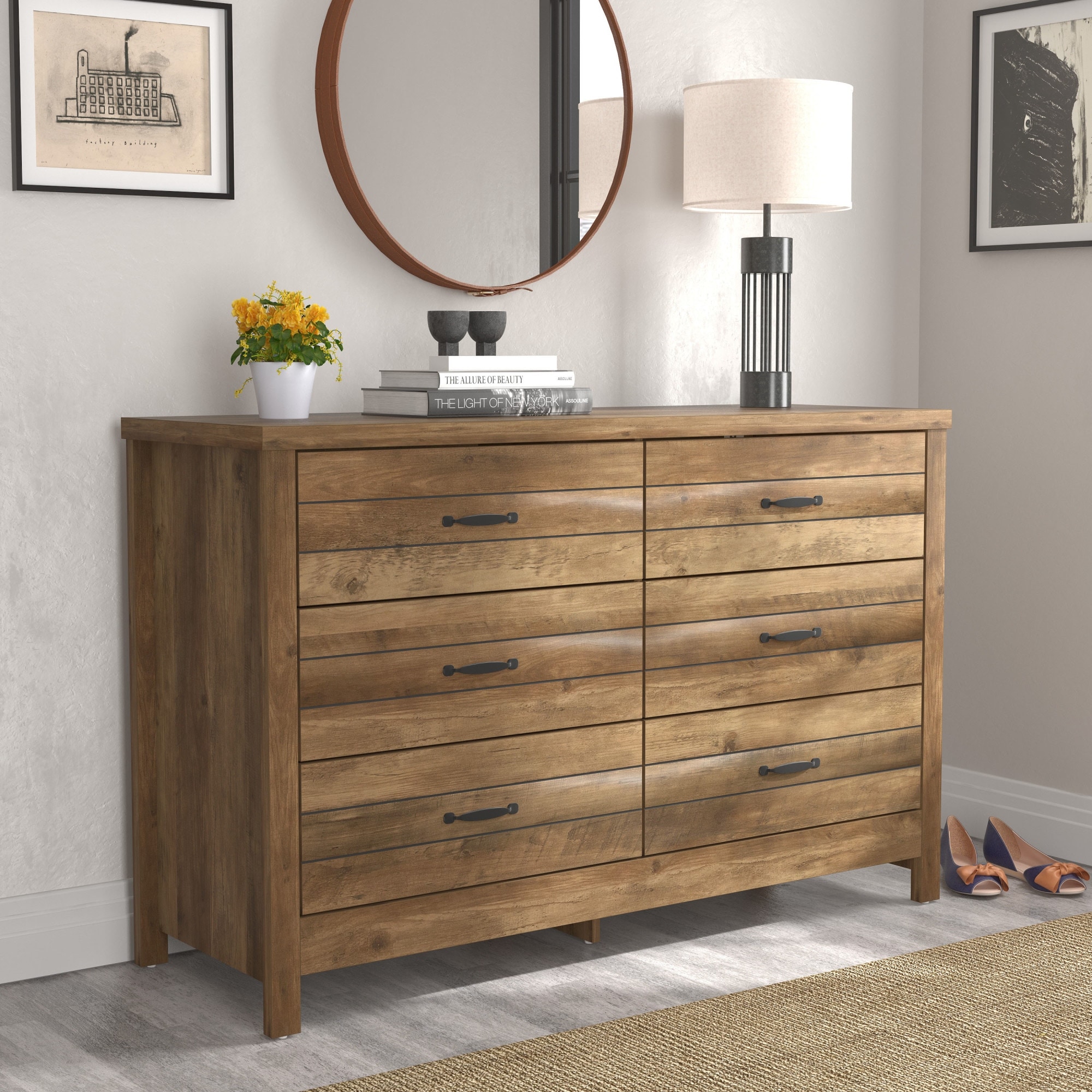 Global Pronex Lancaster Farmhouse 6-Drawer Dresser， Knotty Oak - - 35853064 - Mycitystee