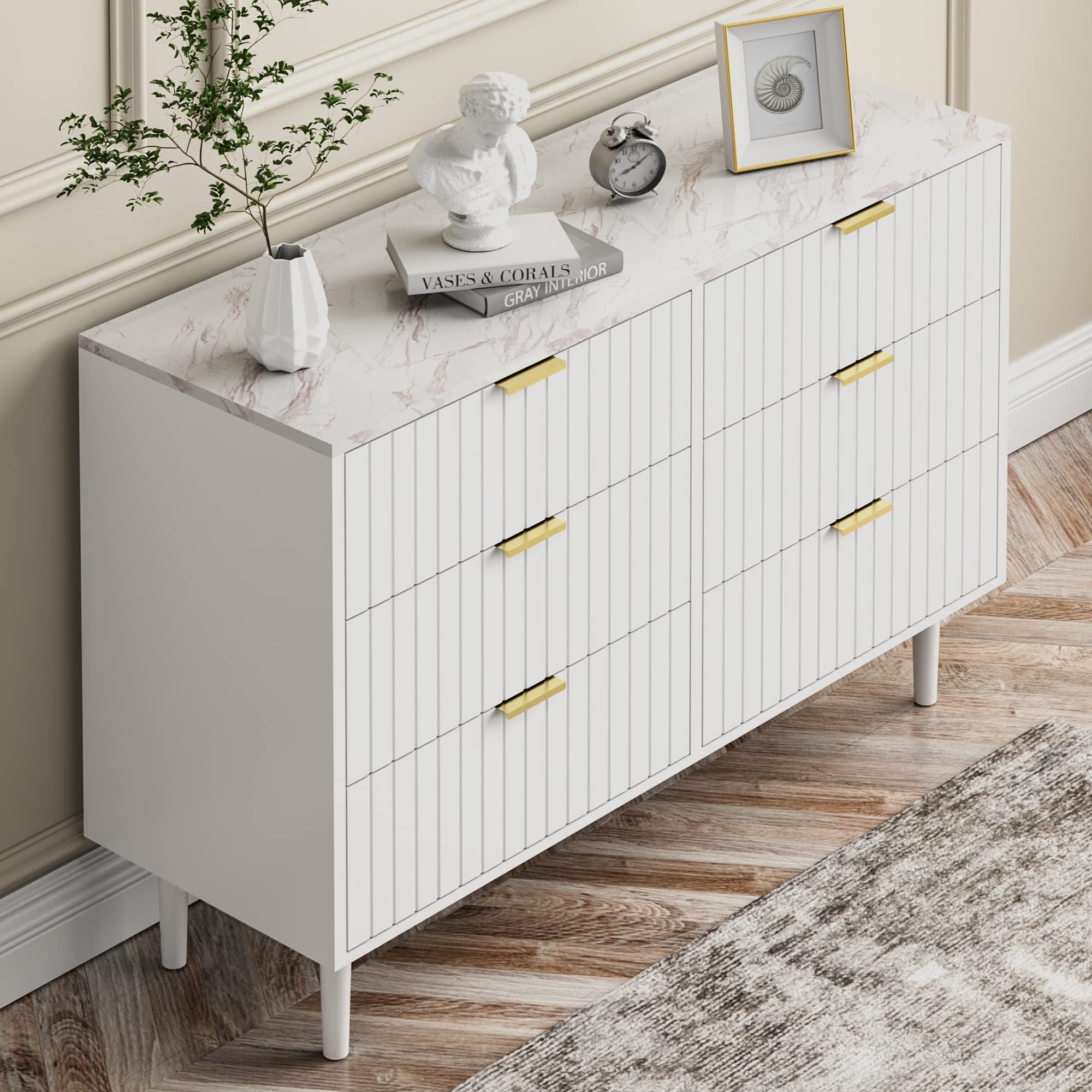 6 Drawer Dresser，White Dresser for Bedroom，Chest of Drawers with Imitation Marble Texture Top and Gold Metal Handles for Bedroom - - 37668661 - Mycitystee