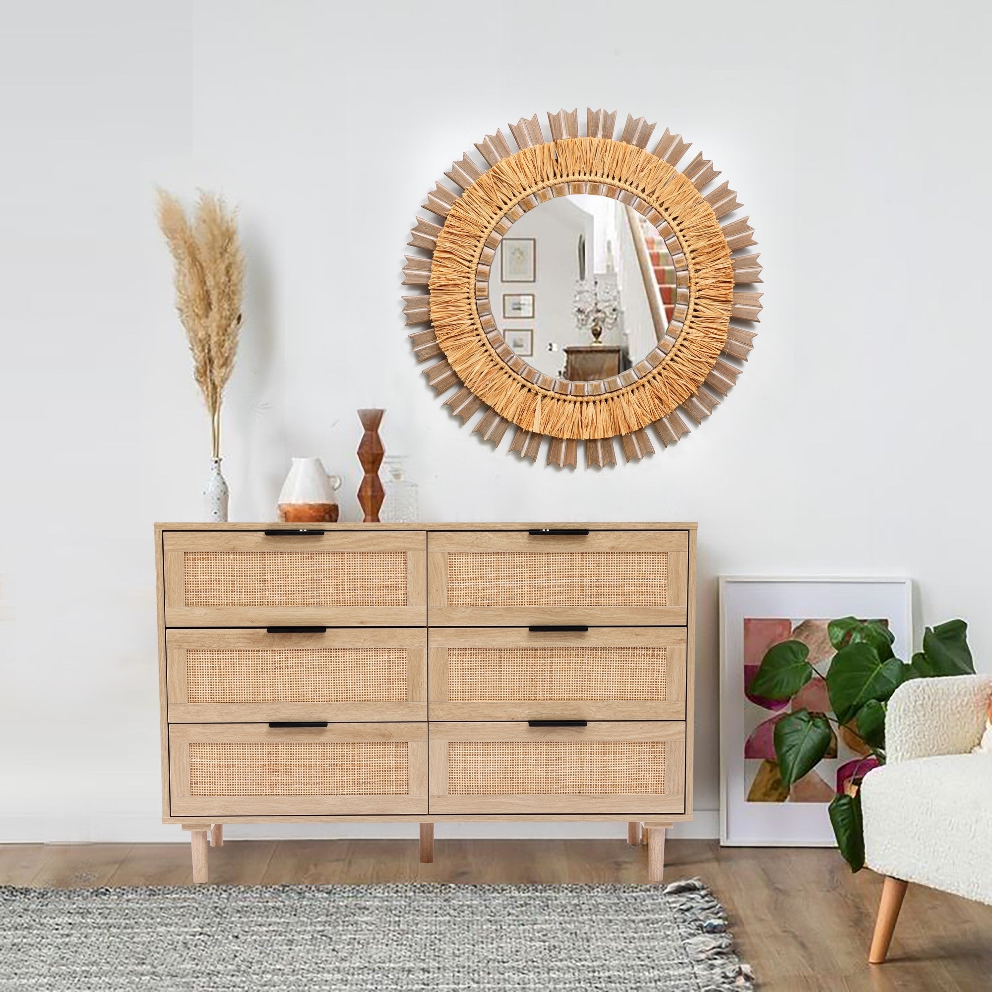 Light Wood 6-Drawer Rattan Bedroom Dresser - - 36388595 - Mycitystee