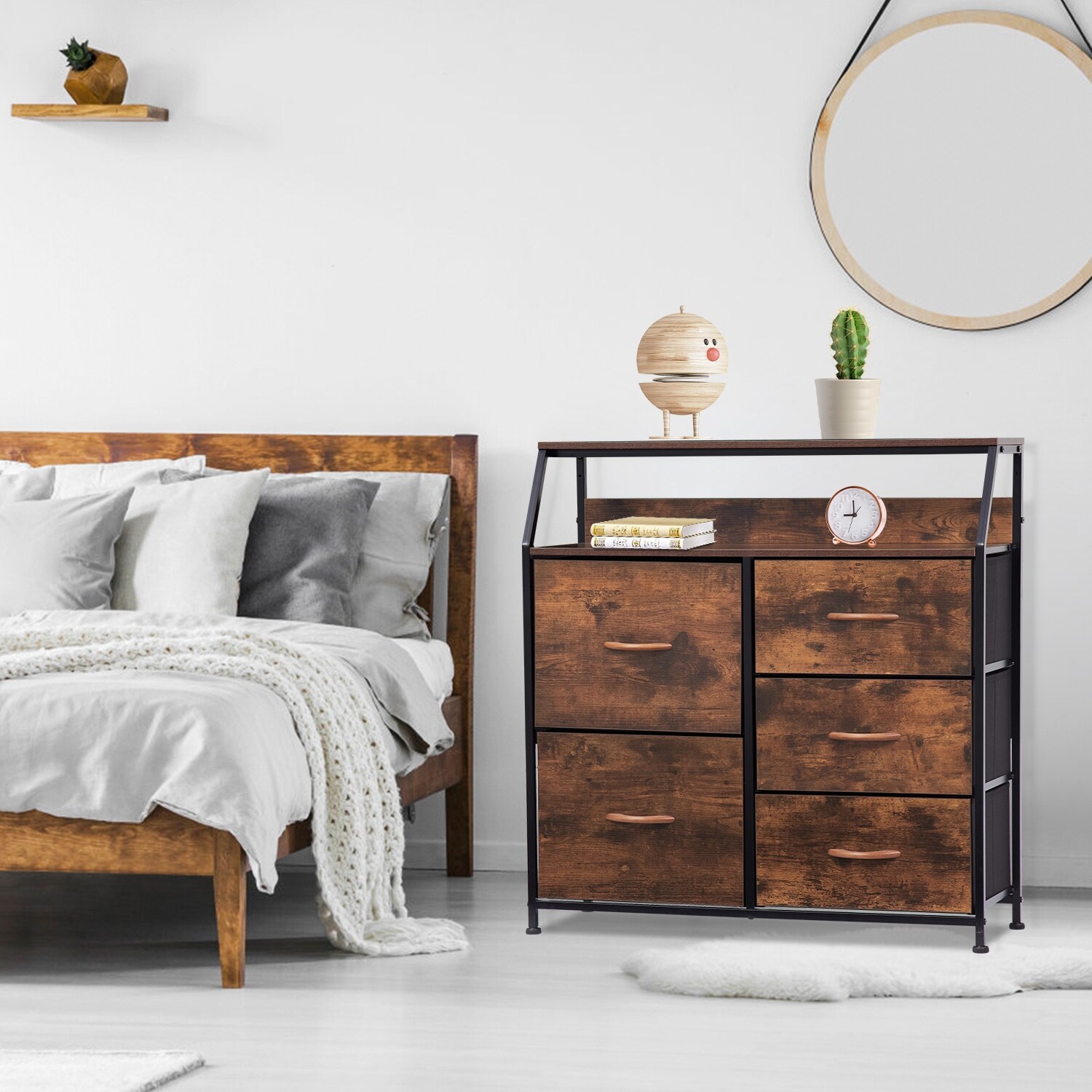 Kinbor Dresser w/ 5 Drawers， Fabric Dresser， Storage Tower， Organizer Unit w/ MDF Board Tabletop for Bedroom， Hallway， Entryway - - 35728890 - Mycitystee