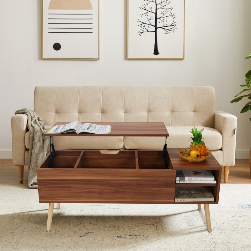 Wood Lift Top Coffee Table w/ Hidden Storage Compartments and Shelves - Mycitystee