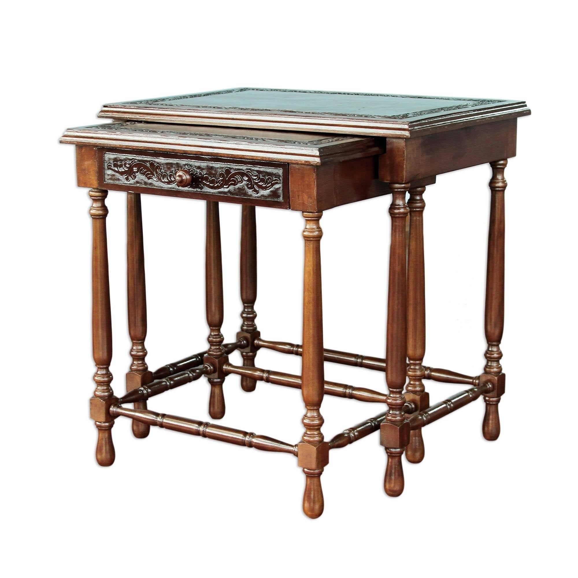 Handmade Classic Duo Set of 2 Dark Brown Hand Tooled Leather and Tornillo Wood Nesting End Tables (Peru) - Mycitystee