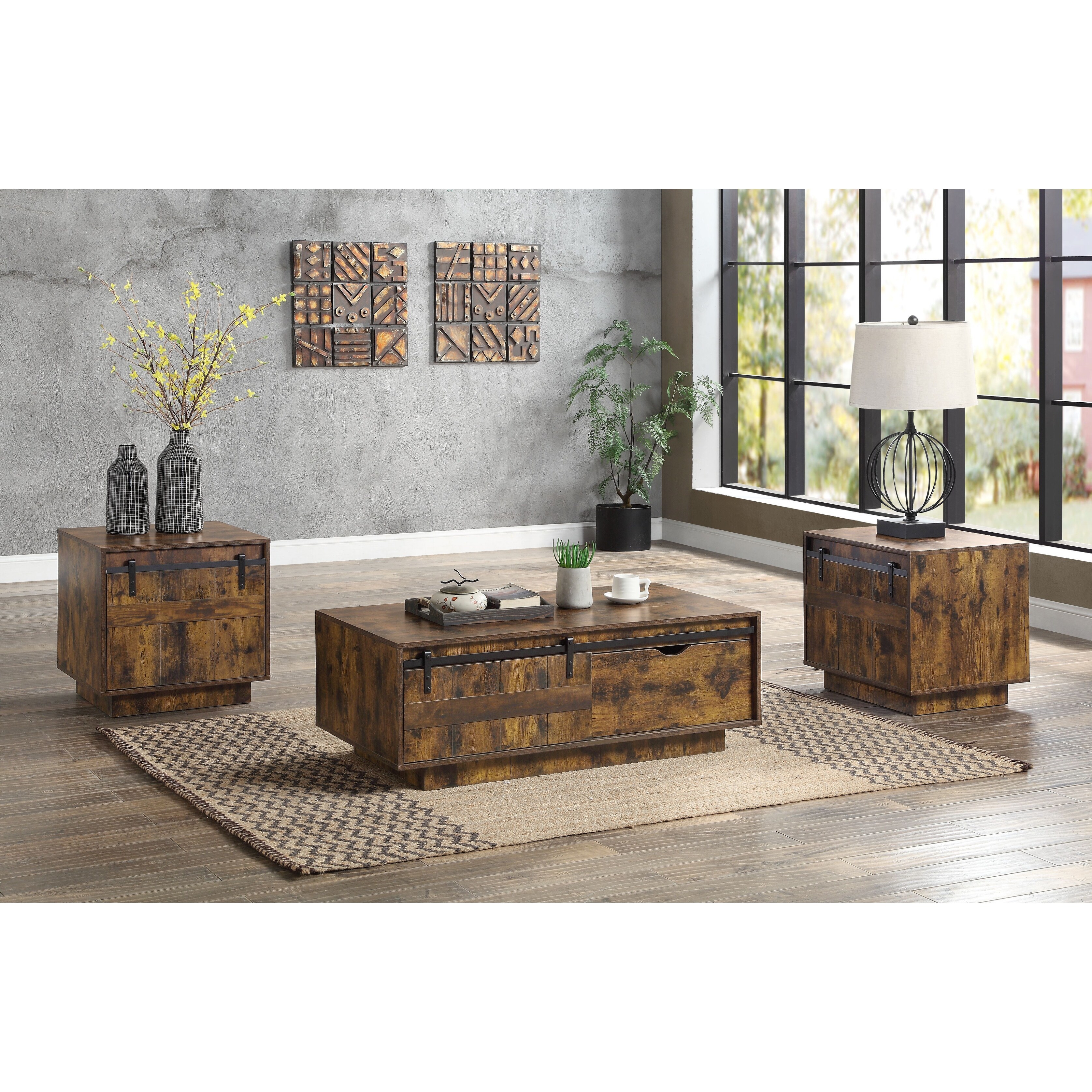 Farmhouse Wood End Table with Barn Door Design， Oak - Mycitystee