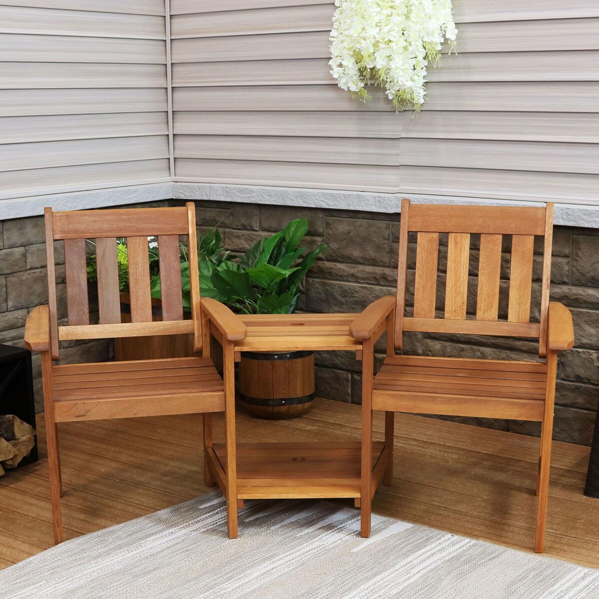 Ultimate Patio 65-Inch Meranti Wood Jack-and-Jill Chairs W/ Attached Table - Mycitystee