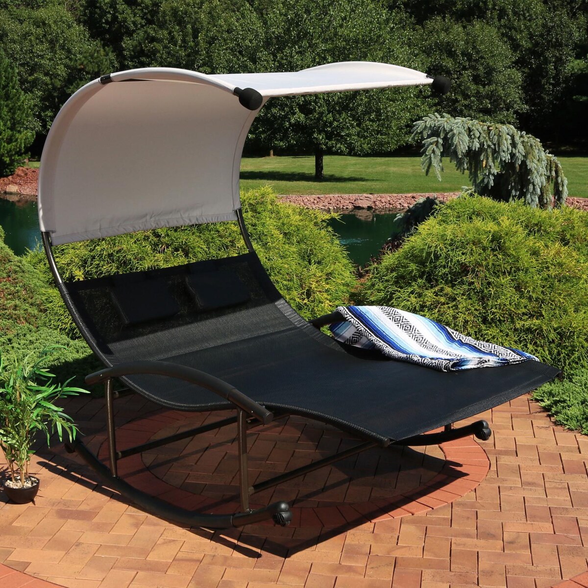 Ultimate Patio Rocking Double Sling Chaise Lounge W/ Canopy and Pillows - Mycitystee