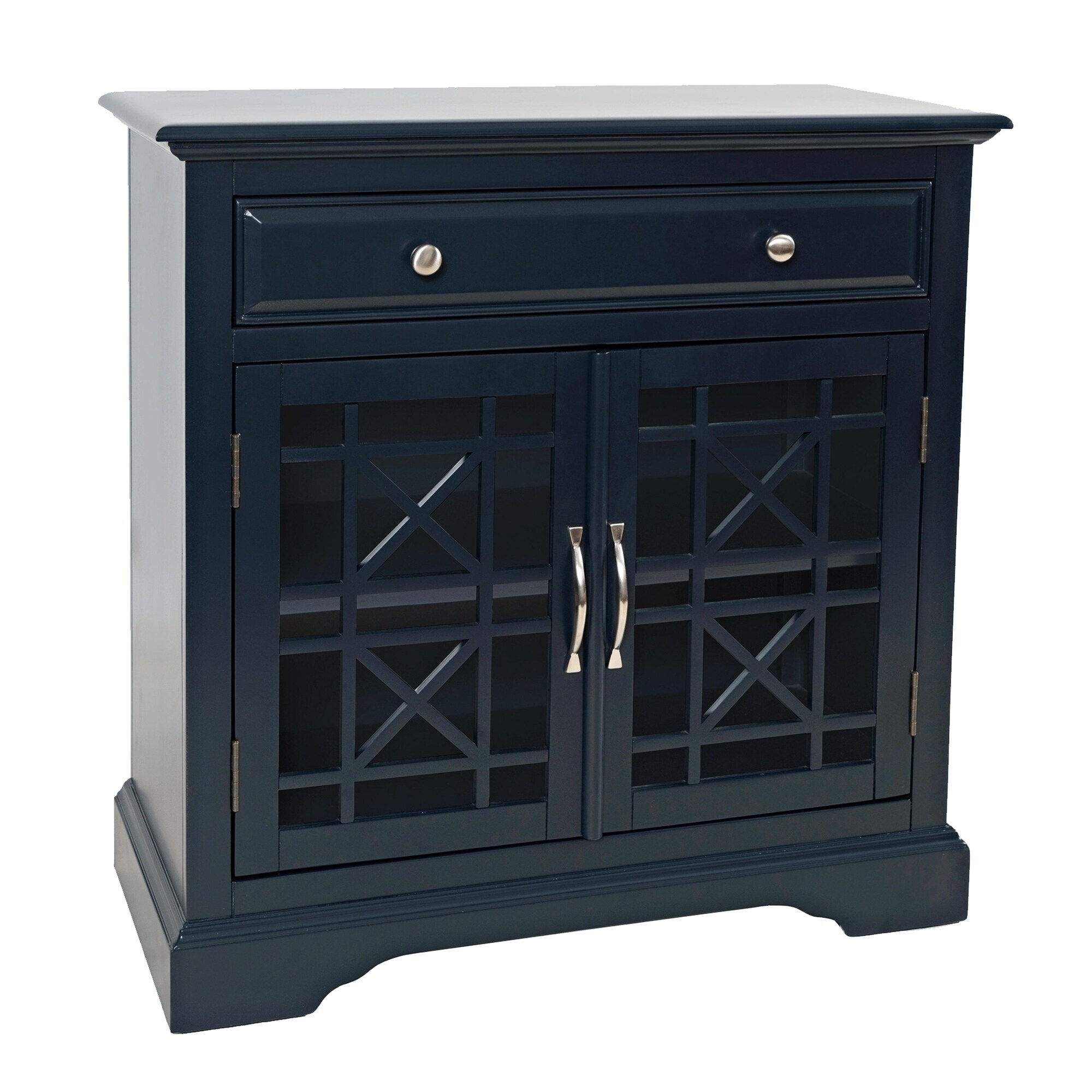 Wooden 2 Door Accent Chest with Single Drawer and X Motif Details， Blue - - 30711590 - Mycitystee