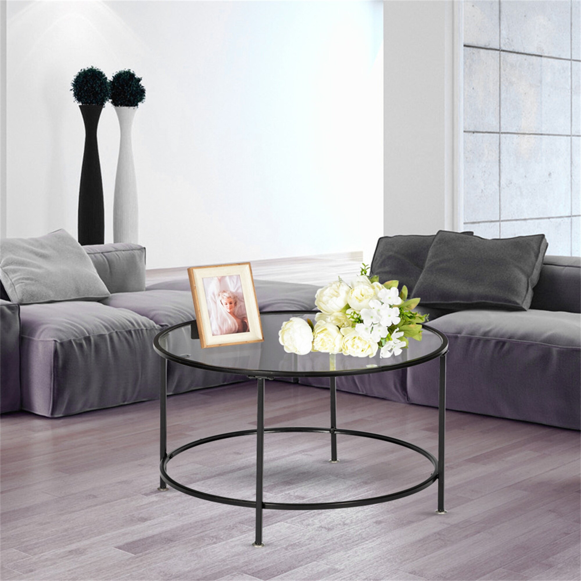 Tempered Glass Countertops Round Coffee Table Black - Mycitystee