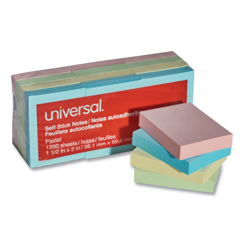 Universal Self-Stick Note Pads， 1 1/2 x 2， Assorted Pastel Colors， 100-Sheet， 12/Pack (35663) - Mycitystee