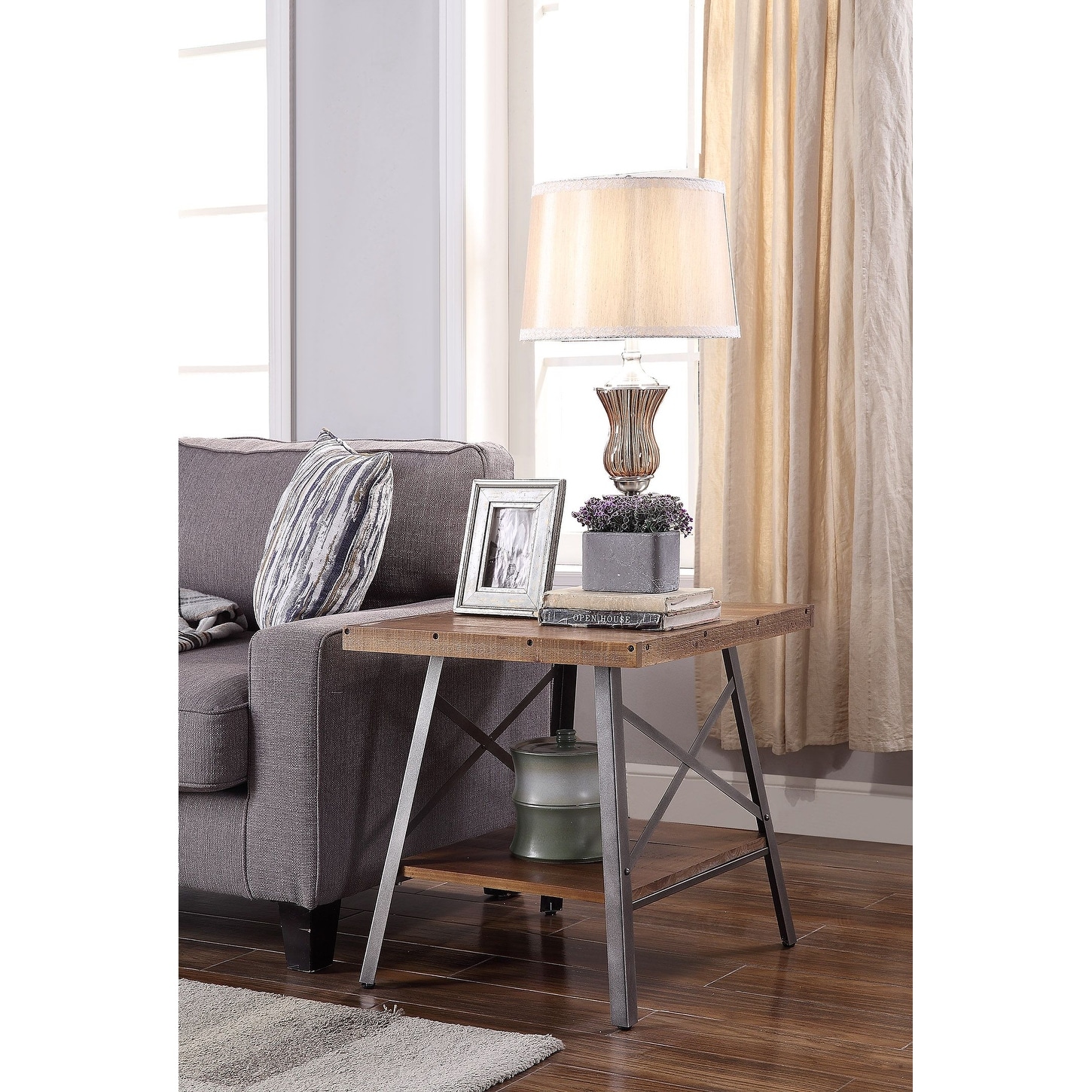 Ikram End Table (2Pc Pk) in Weathered Oak and Sandy Black， Open Compartment (Bottom Shelf) - Mycitystee
