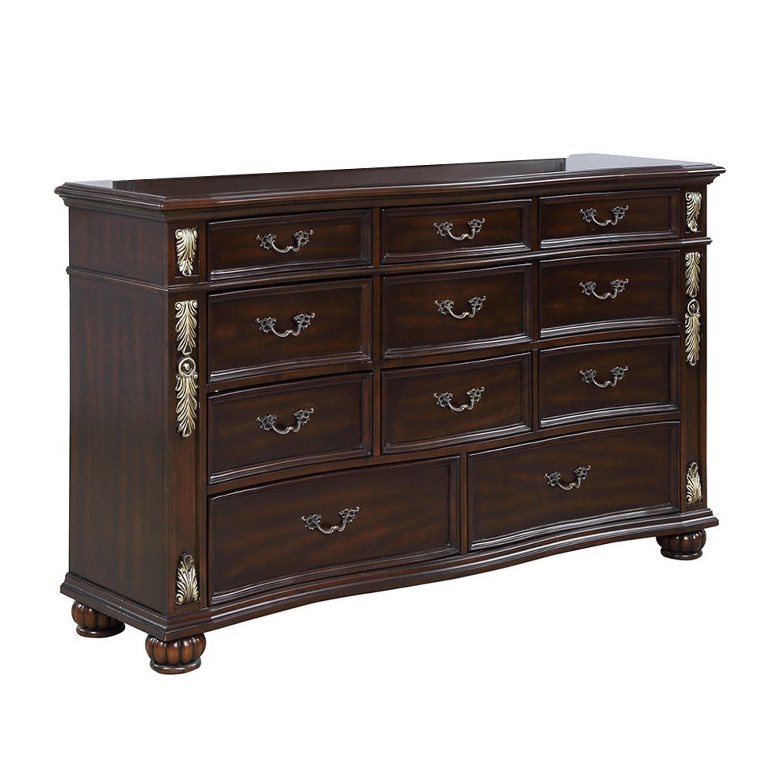 11 Drawer Wooden Dresser with Antique Metal Handles and Bun Feet， Brown - - 31575404 - Mycitystee