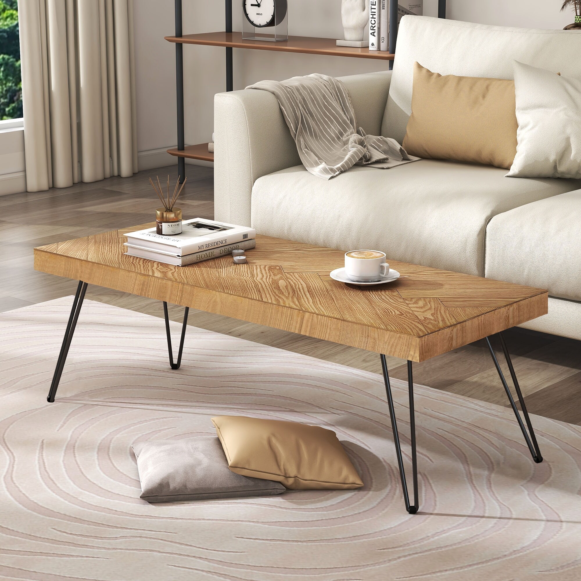 Modern Coffee Table， Easy Assembly Tea Table， Thicken Cocktail Table with w/Chevron Pattern and Metal Hairpin Legs for Living Room - Mycitystee