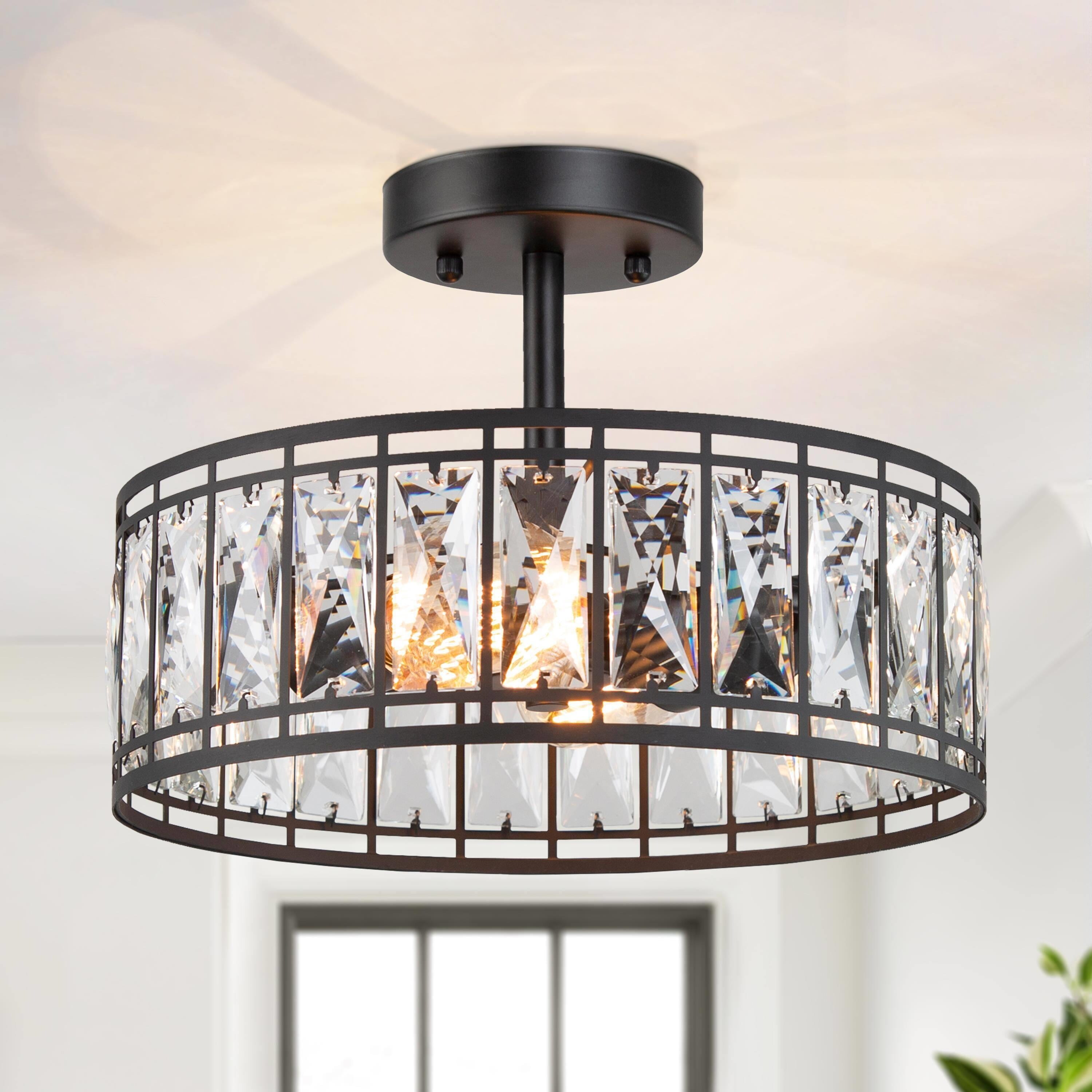 Mirrer 2-Light 13-in Matte Black and Crystal Accents LED Semi-flush Mount Light，13