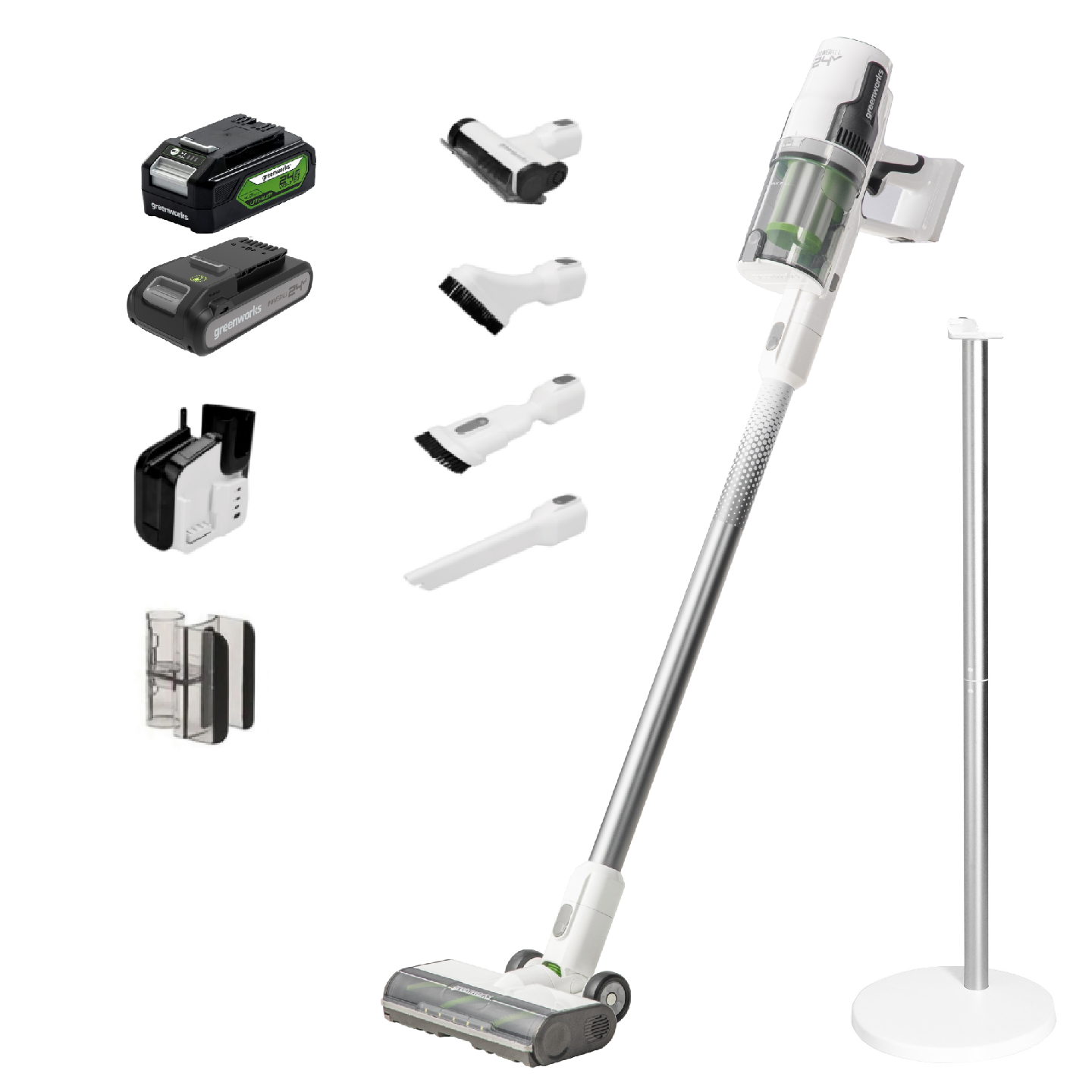 24V White Cordless Stick Vacuum Bundle | Greenworks Tools - Mycitystee