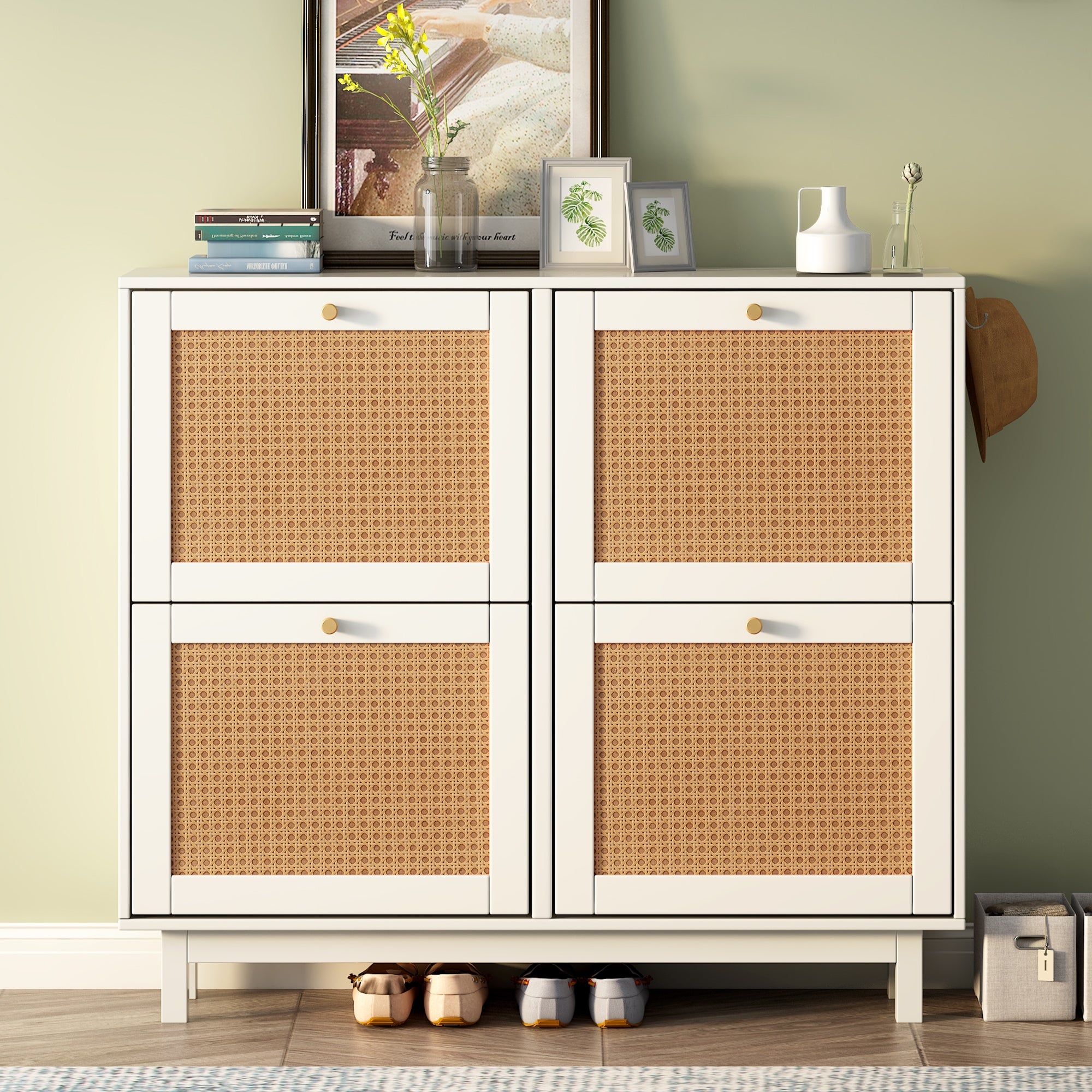 Boho Style Rattan Shoe Cabinet with 4 Flip Drawers， Storage Organizer - - 37372479 - Mycitystee