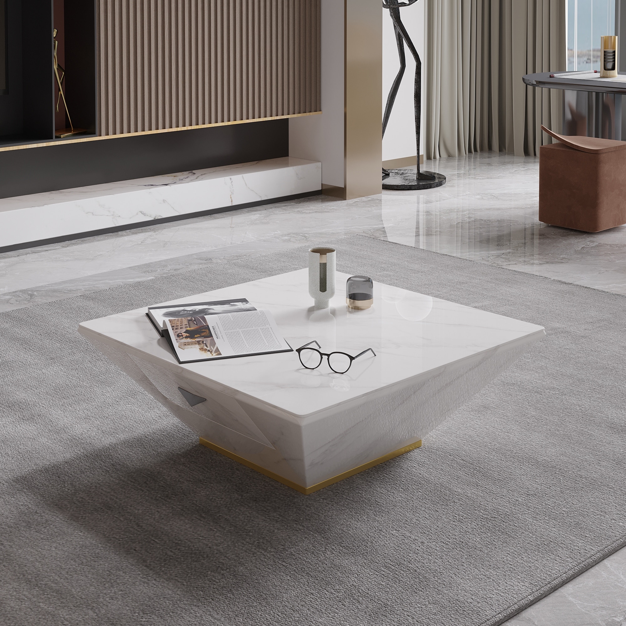 Modern Square Drum Coffee Table， Trapezoid White Marble Coffee Table For Living Room - Mycitystee