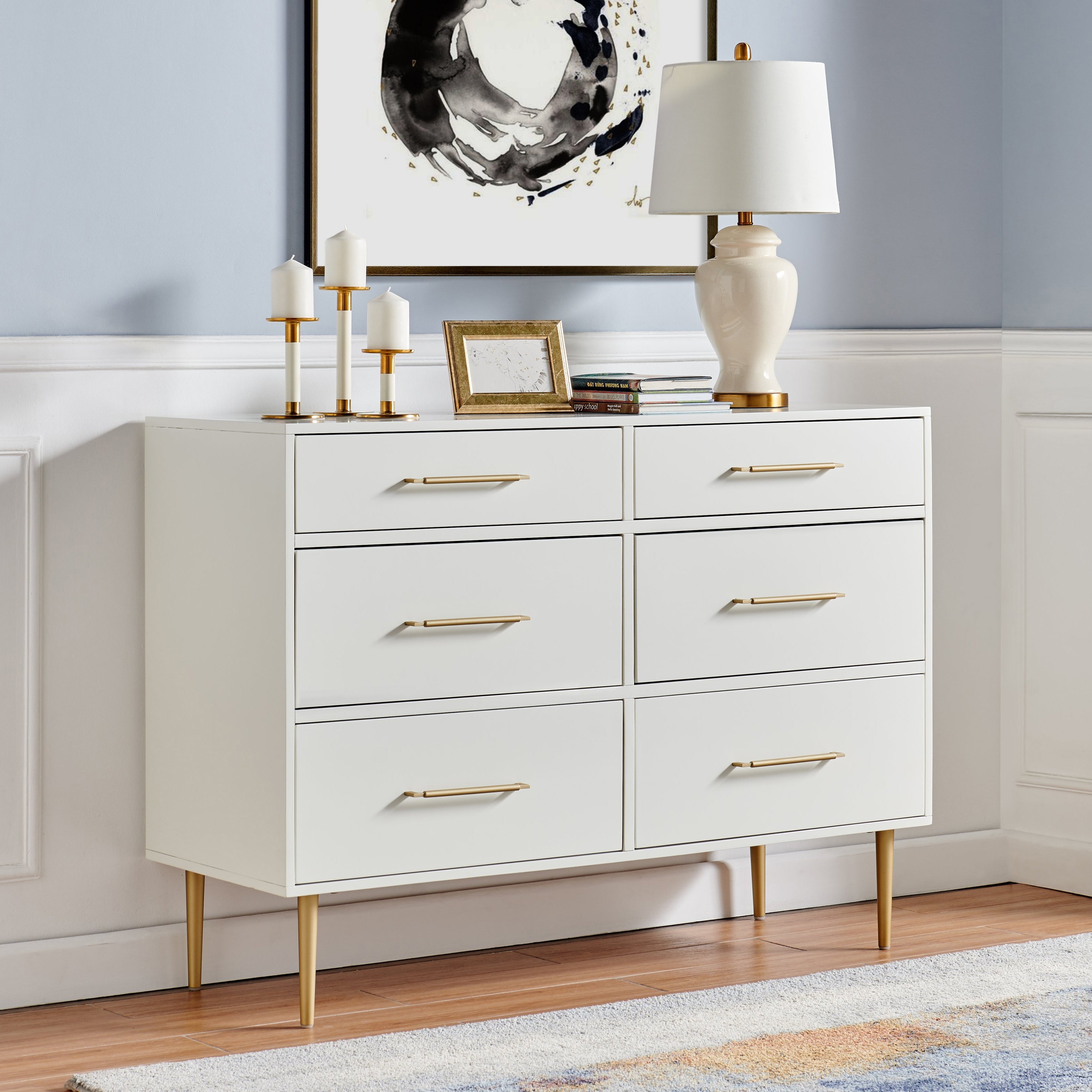 Sylvia White and Gold 6-drawer Dresser Console - - 32516403 - Mycitystee