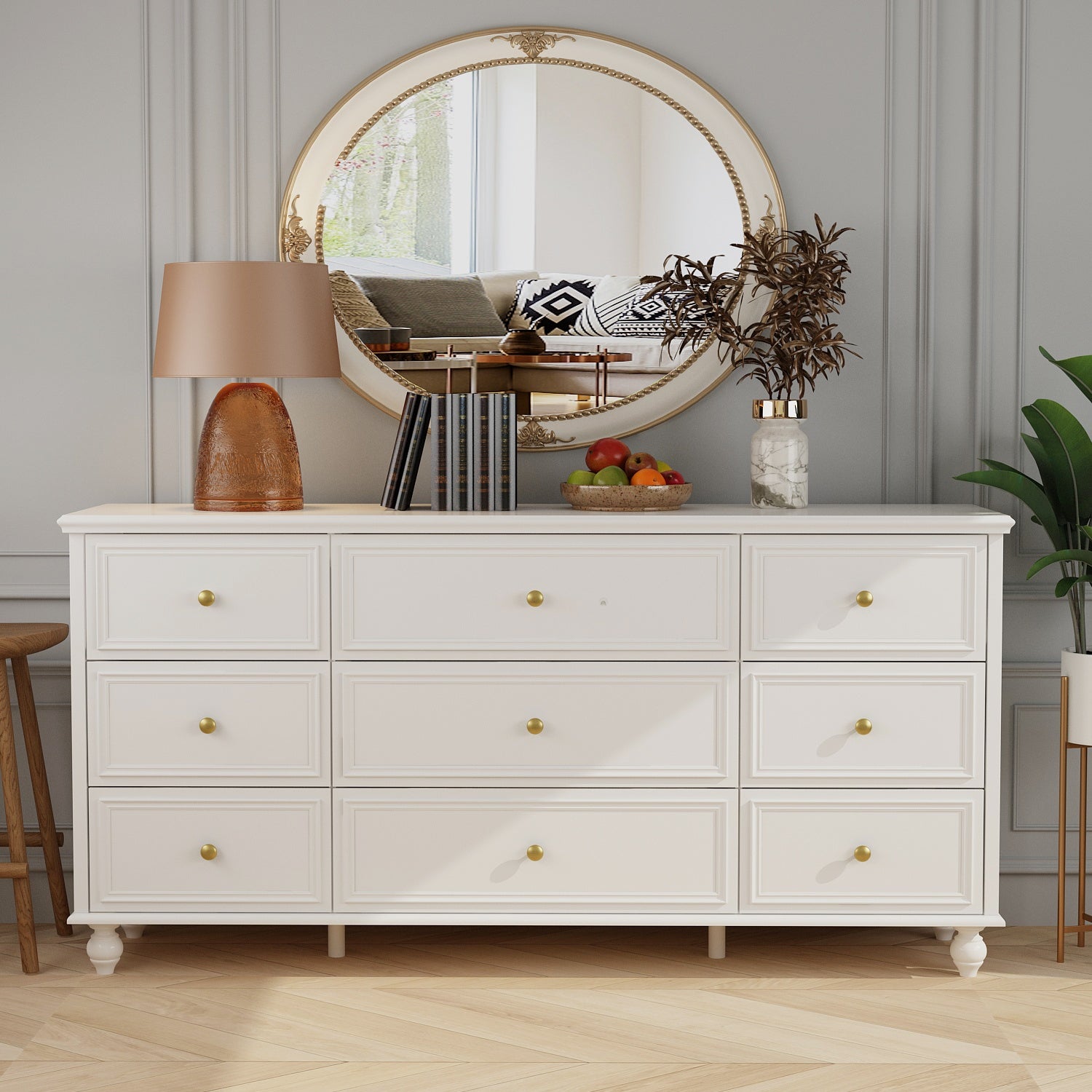 FAMAPY 9 Drawer 63'' W Dresser White Chest Srorage Cabinet Lacquer - - 36409348 - Mycitystee