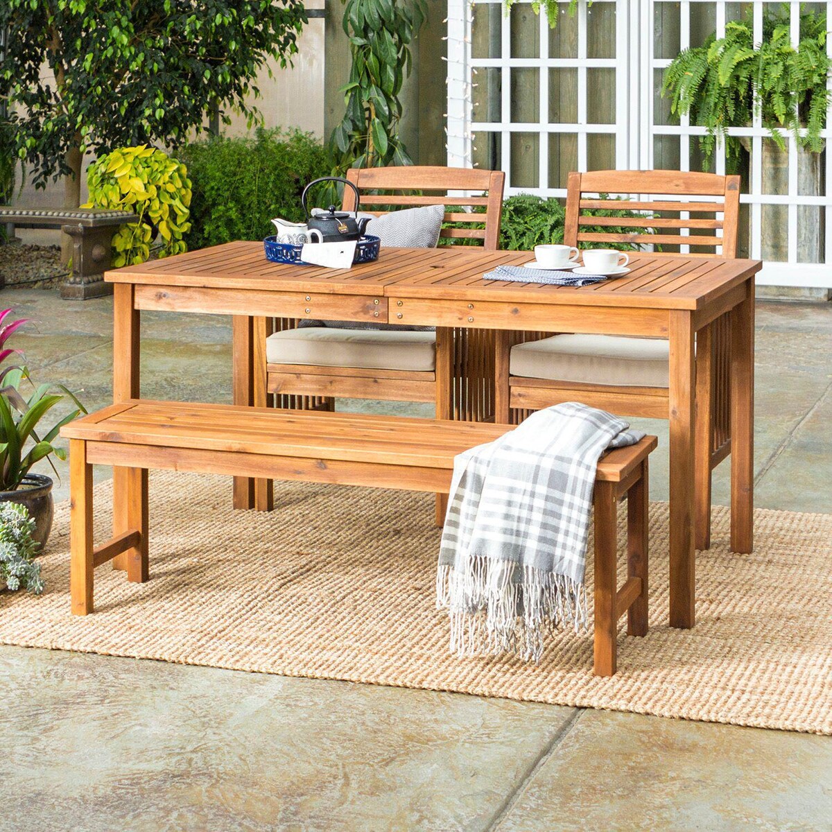 Ultimate Patio Horizon Way 4 Piece Brown Acacia Patio Dining Set By W/ 60 X 34 Inch Rectangular Table and Natural Cushions - Mycitystee